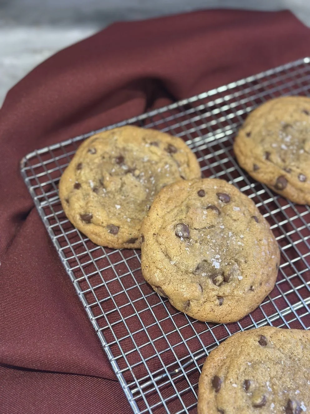 Chocolate chip cookies on a cooling rack
