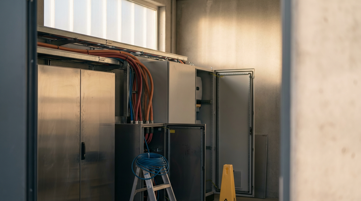 Electrical wiring and control panels inside an unfinished utility room with a small ladder and a yellow caution sign.
