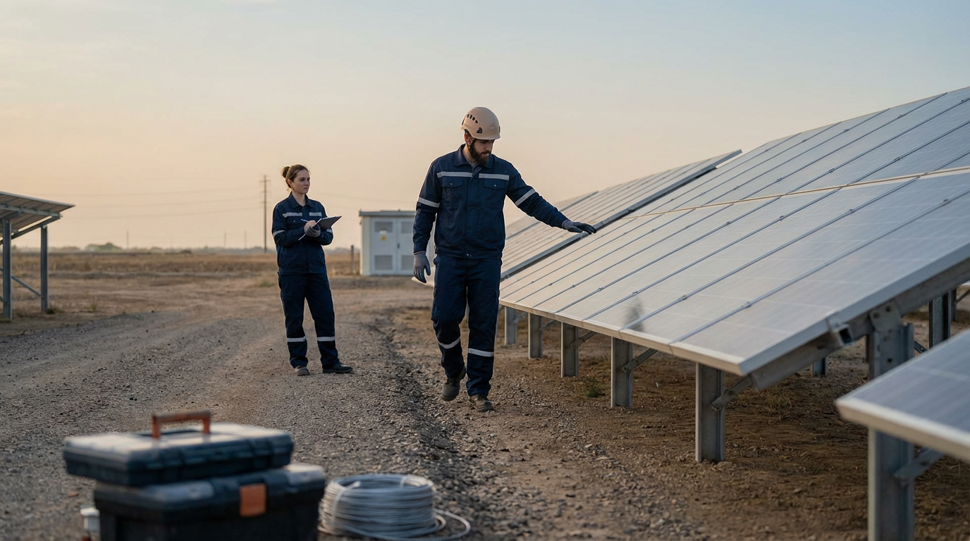 Two workers in navy uniforms inspecting solar panels at a solar farm during sunset, with equipment on the ground nearby.