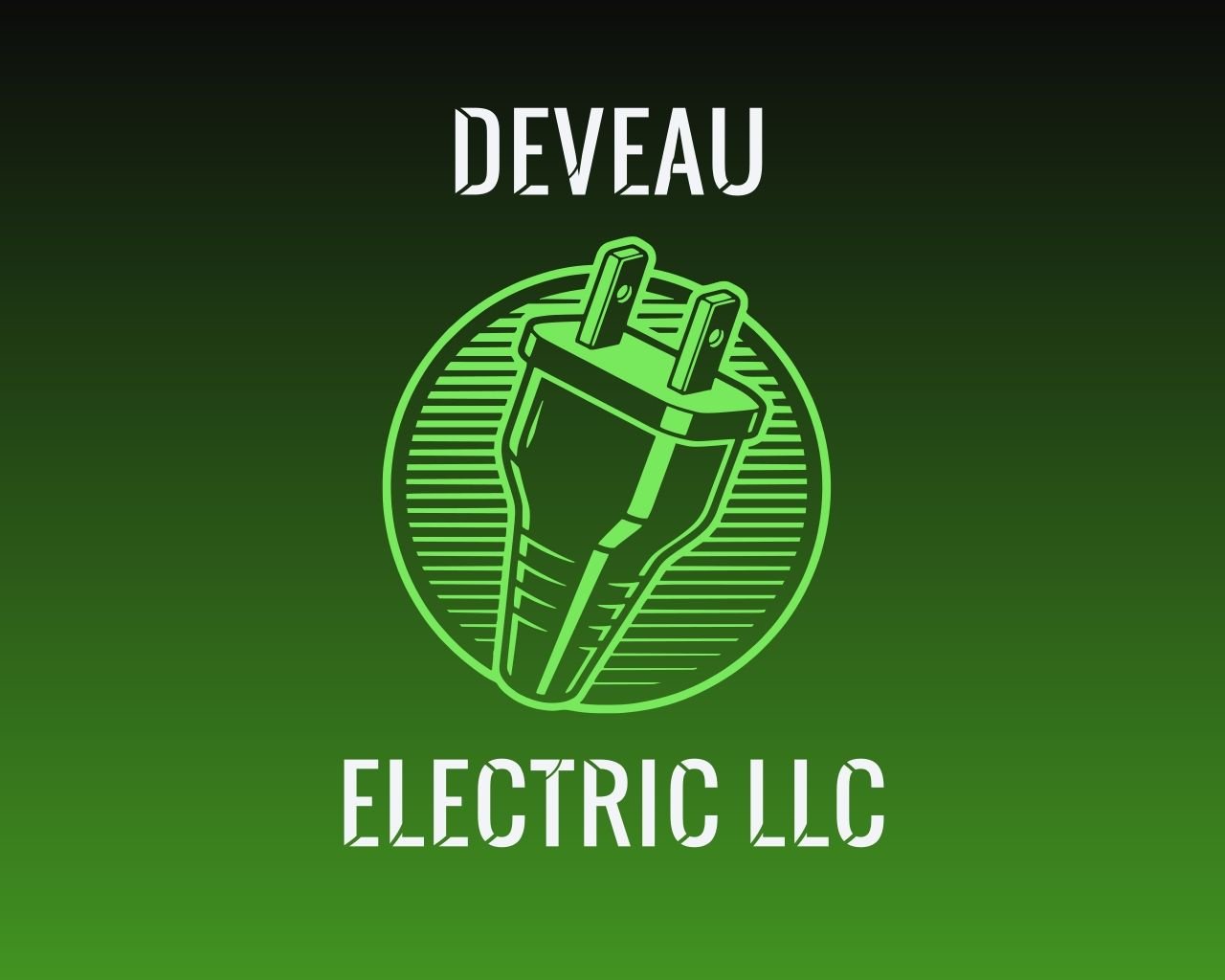 Logo of Deveau Electric LLC featuring a green neon outline of an electric plug with a circular background and the company name above and below