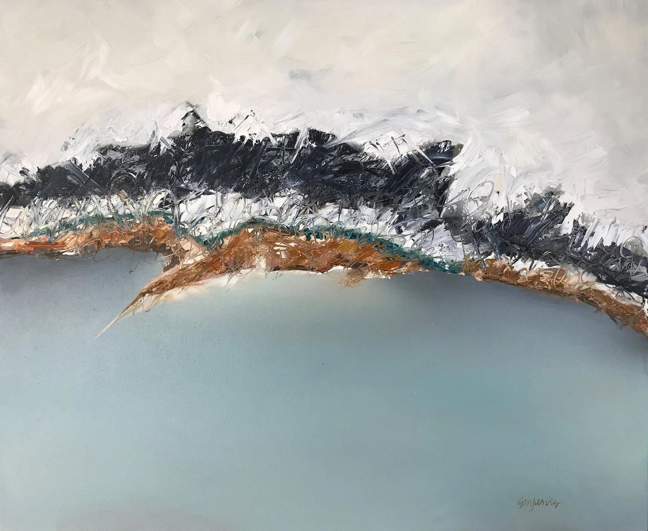 Abstract landscape painting with dark, jagged mountain shapes against a light, cloudy sky, with a muted color palette of black, white, gray, and earth tones.
