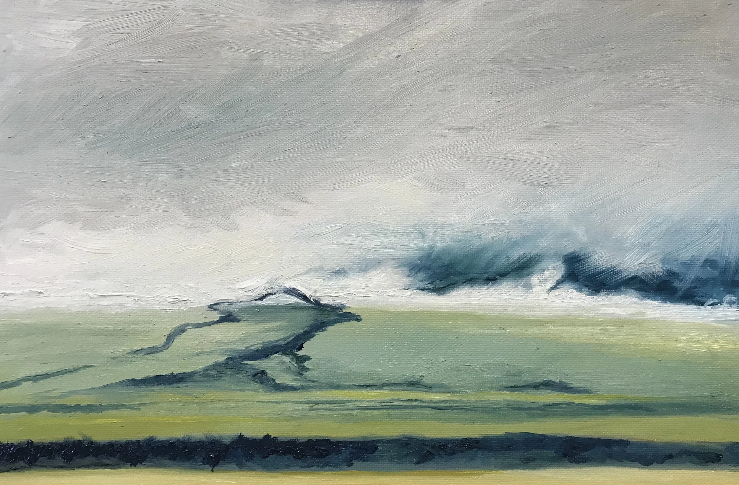 An abstract landscape painting with cloudy sky, a twisted tree in the foreground, and layered shades of green and black.