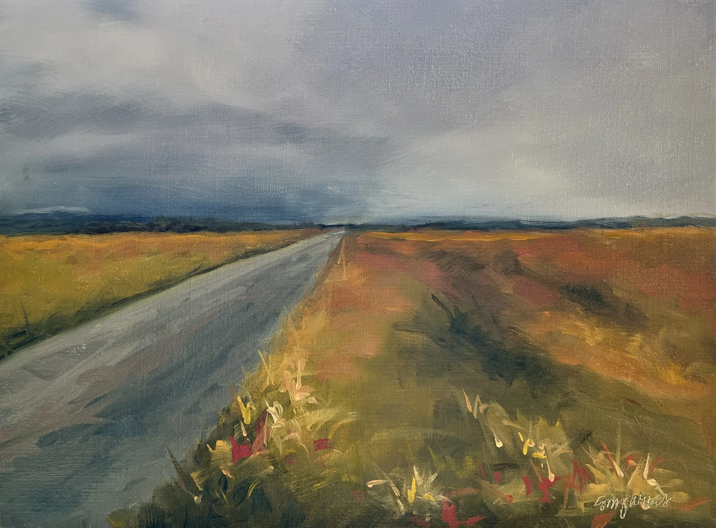 Oil painting of a rural landscape featuring a dirt road running through grasslands and fields under a cloudy sky.