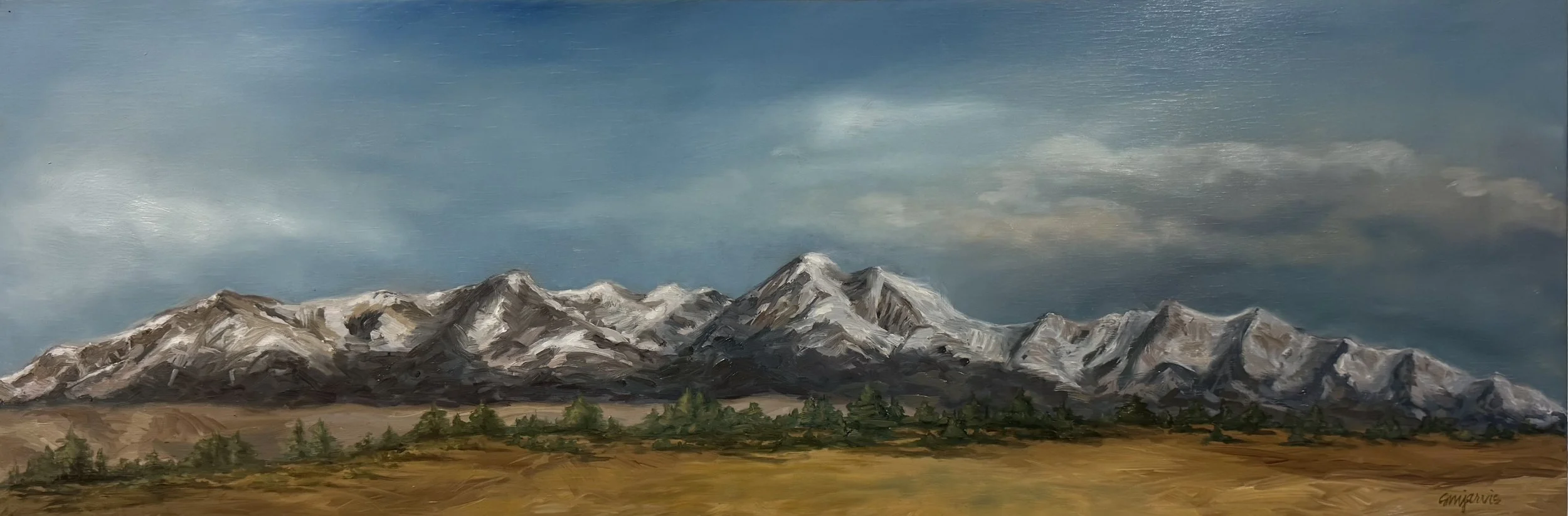 Painting of a mountain range with snow-capped peaks under a cloudy sky, with grassy plains and trees in the foreground.