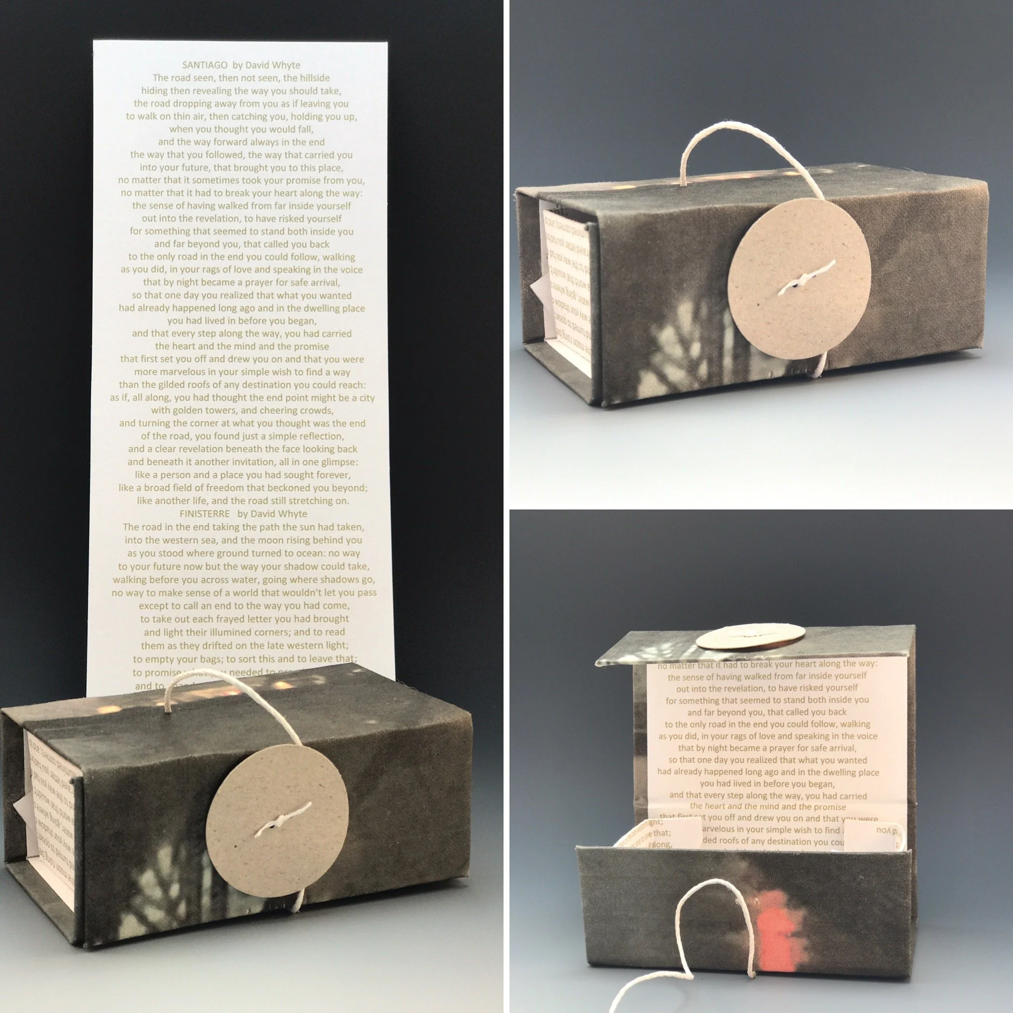 Photograph of a black rectangular box with a large round beige paper circle on the side, connected by a white string. The box has visible printed text on its sides, with some pages protruding from the sides. The photograph is taken against a plain light background with the box and instructions on the left side of the image.