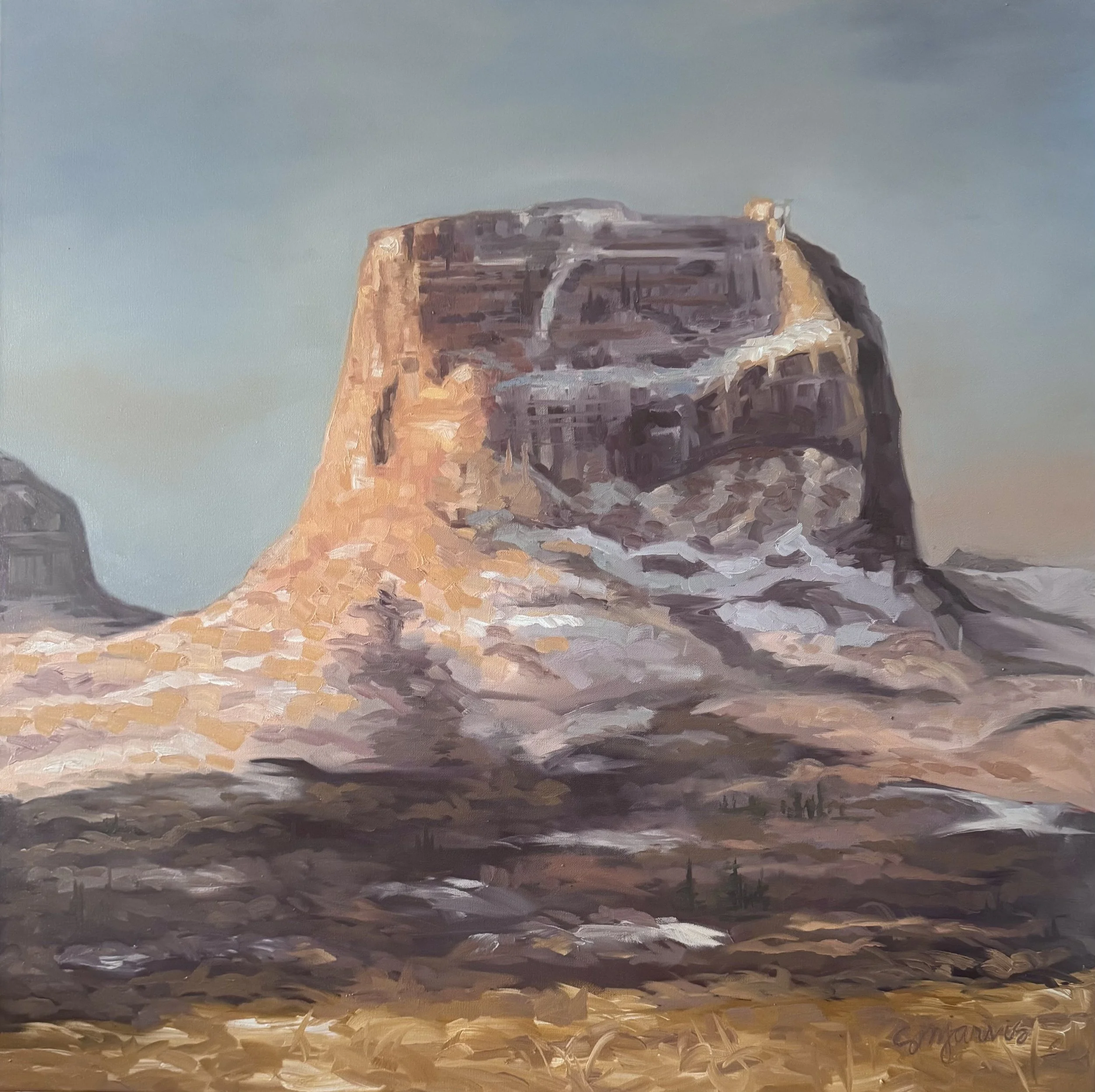 Oil painting of a rocky cliff with a small waterfall and a cloudy sky, signed in the bottom right corner.