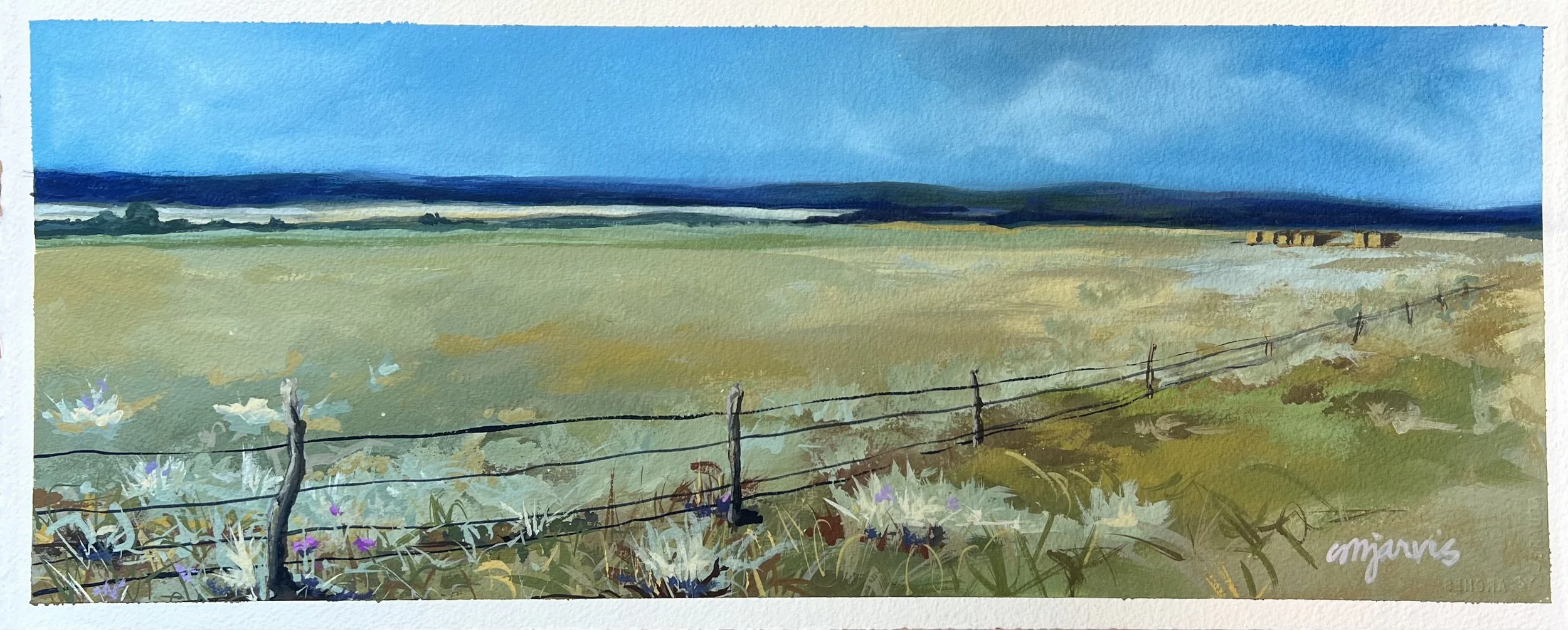 A watercolor painting of a rural landscape with open fields, a wire fence in the foreground, distant trees, and a blue sky with clouds.