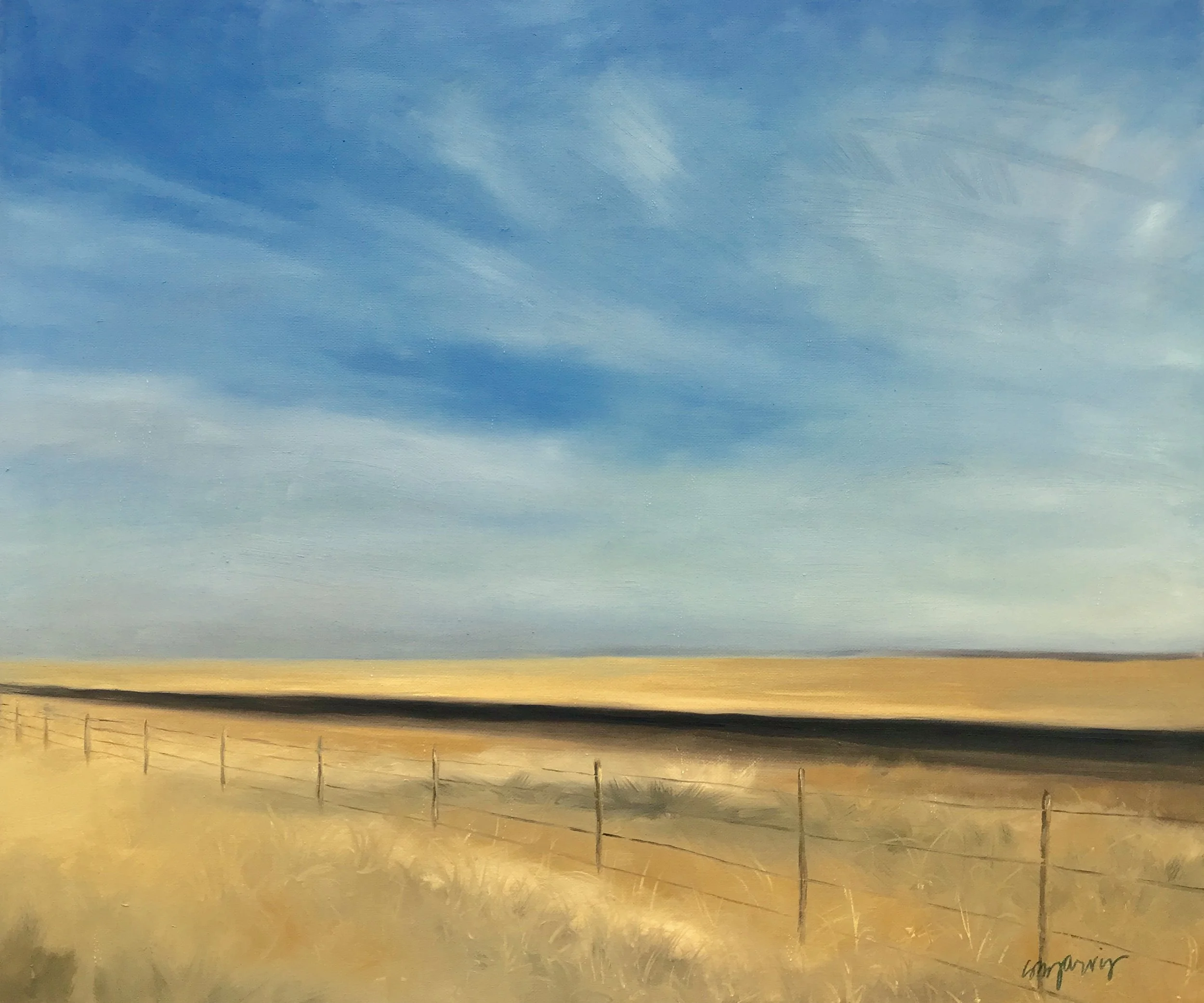 Landscape painting of a large body of water with a faint rainbow in the sky, and mountains in the distance under a partly cloudy sky, signed at the bottom right.