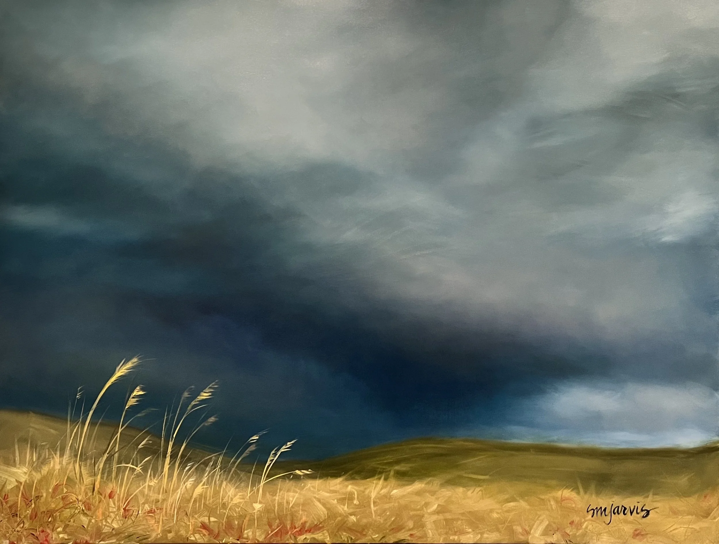 Painting of a nighttime landscape with a dark cloudy sky, golden grass in foreground, and faint lights in the distance. The artist’s signature, 'gm larriv,' appears in the bottom right corner.