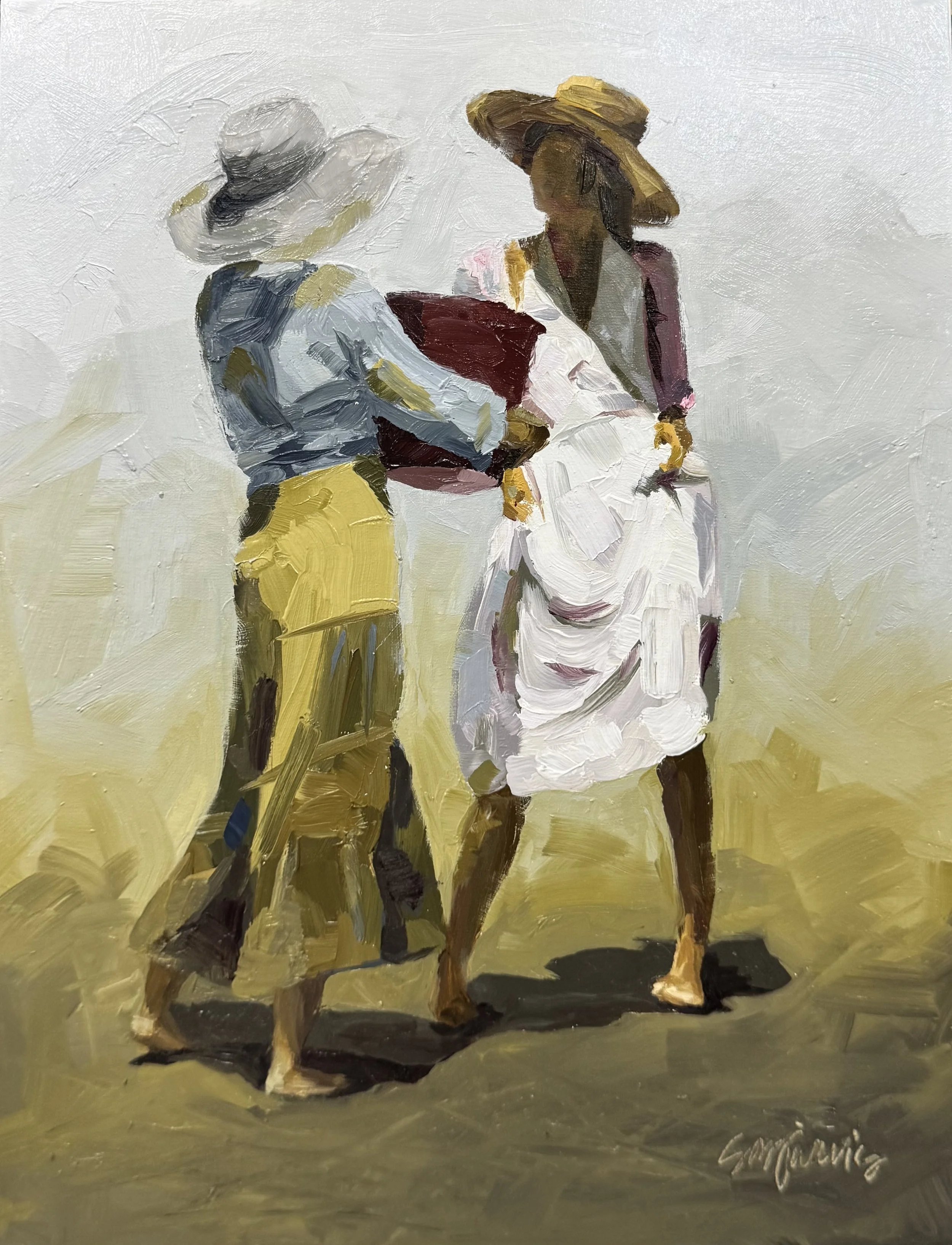 An impressionistic oil painting of two women walking on a beach, wearing wide-brimmed hats and casual summer clothes, with a sandy shore and light sky background.