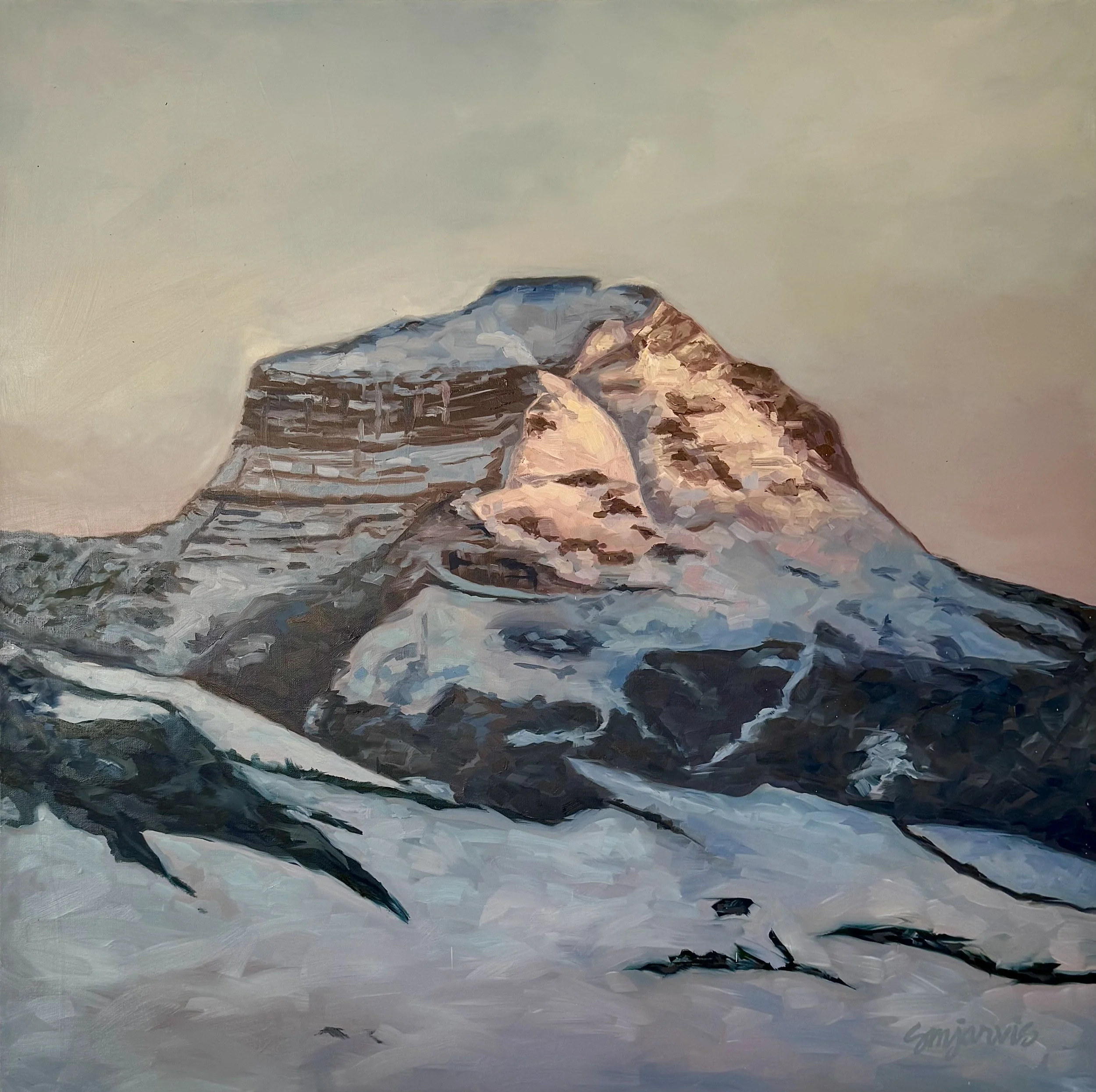 Painting of a mountain with snow-capped peak, green slopes, and rocky foreground, under a cloudy sky.