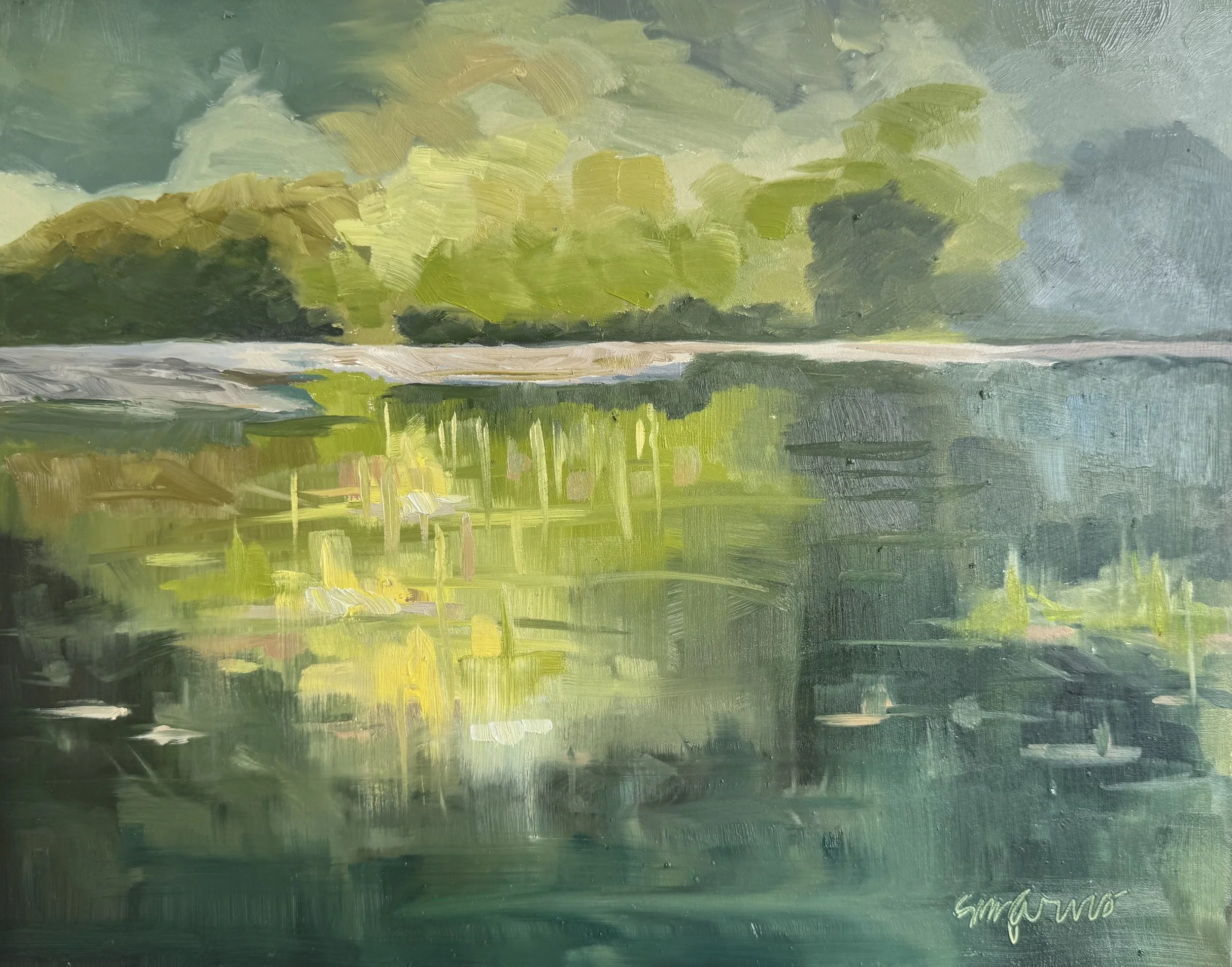 An impressionistic painting of a landscape with trees and a body of water, featuring broad brush strokes and varying shades of green and blue.