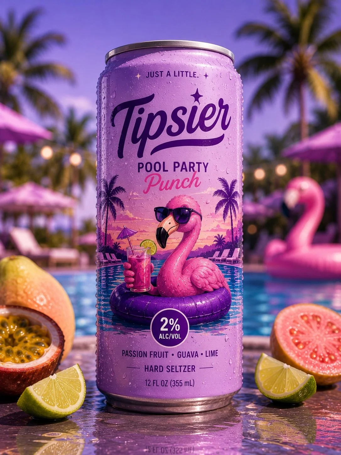 A can of Tipsier Pool Party Punch with a pink flamingo wearing sunglasses, holding a drink with a lime wedge, set against a poolside scene with palm trees and umbrellas in the background.