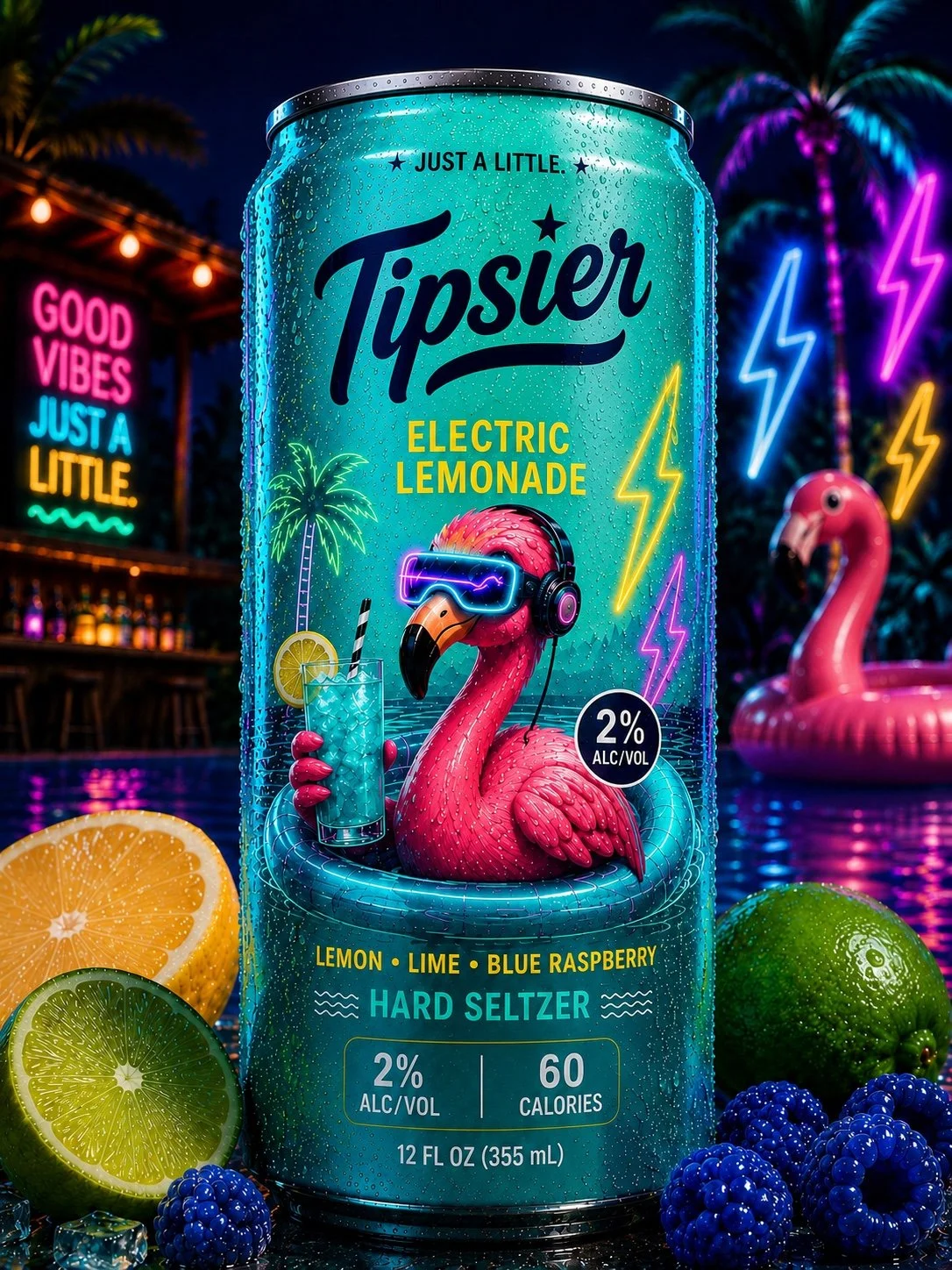 A can of Tipsier Electric Lemonade Hard Seltzer with a flamingo wearing sunglasses and headphones, holding a glass of lemonade with a straw and lemon wedge, surrounded by lemons, limes, blueberries, and neon signs at sunset.