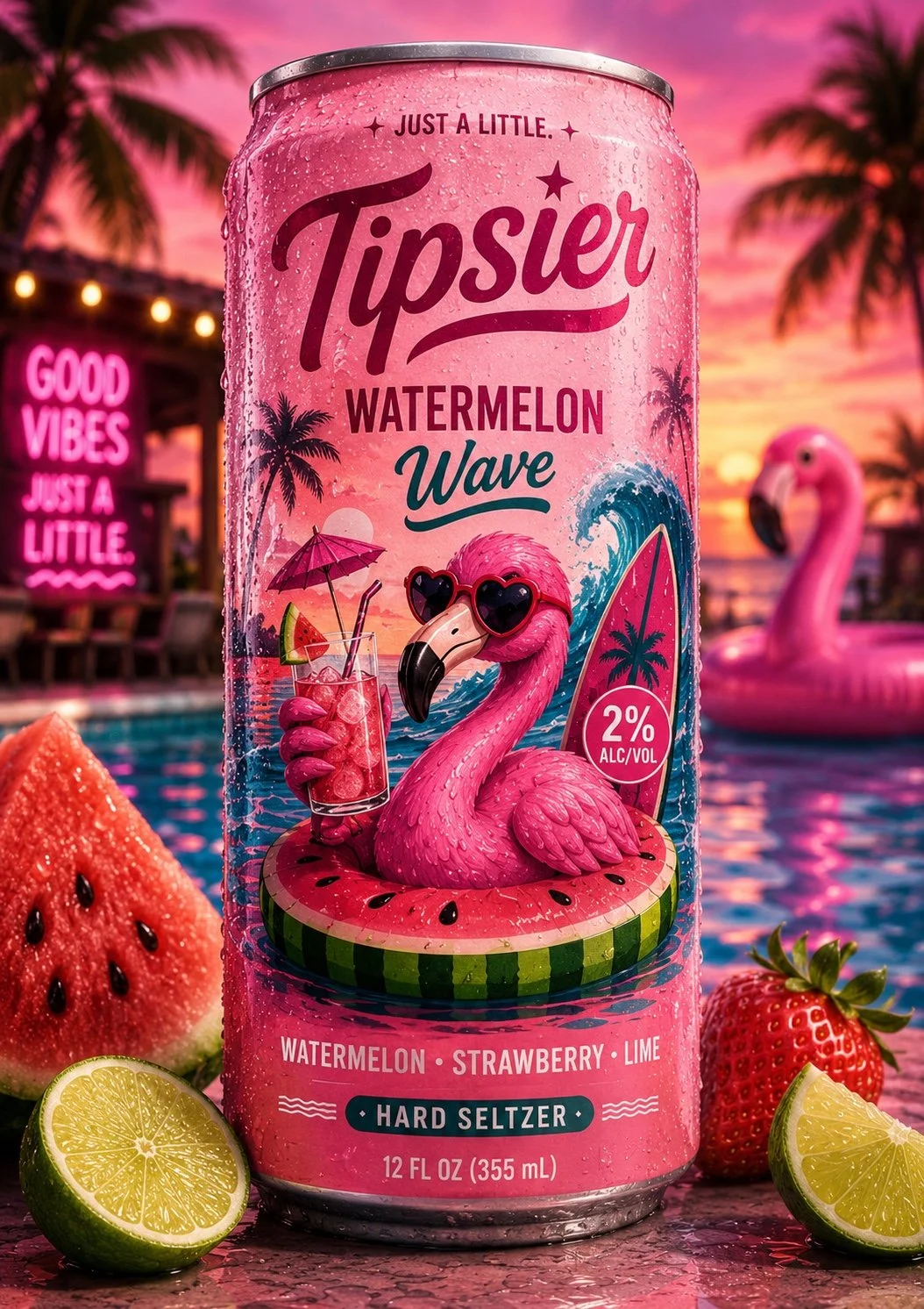 A pink canned beverage named Tipsier Watermelon Wave with images of watermelon, strawberries, and lime, featuring a pink flamingo wearing heart-shaped sunglasses, a drink with watermelon, strawberries, and lime slices, all set against a tropical poolside scene at sunset with palm trees and a neon sign that reads 'Good Vibes Just a Little.'