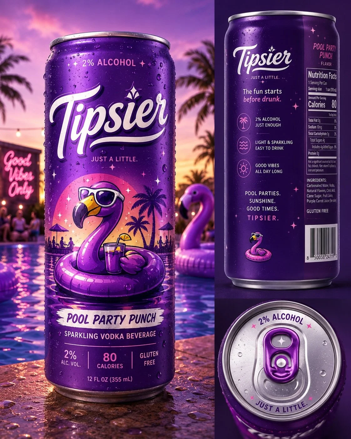 A can of Tipsier pool party punch flavored vodka beverage at sunset by a swimming pool, with a pink flamingo pool float, palm trees, and people in the background. The can is purple with a flamingo wearing sunglasses, and has details about alcohol content, calories, and ingredients.