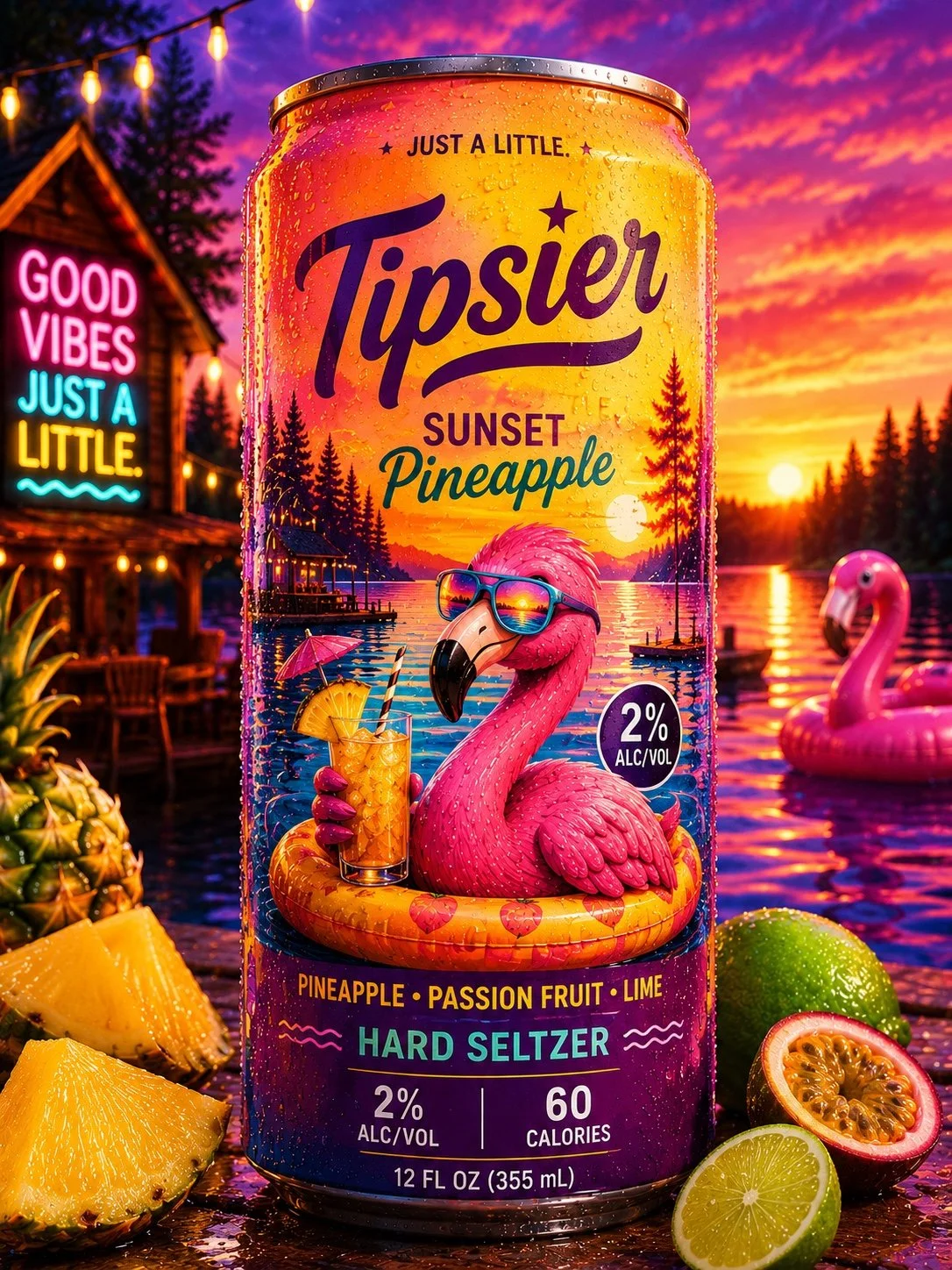 A colorful can of Tipsier Sunset Pineapple hard seltzer featuring a pink flamingo wearing sunglasses, surrounded by tropical fruits including pineapple, lime, and passion fruit, set against a scenic lakeside sunset with a floating flamingo pool toy.
