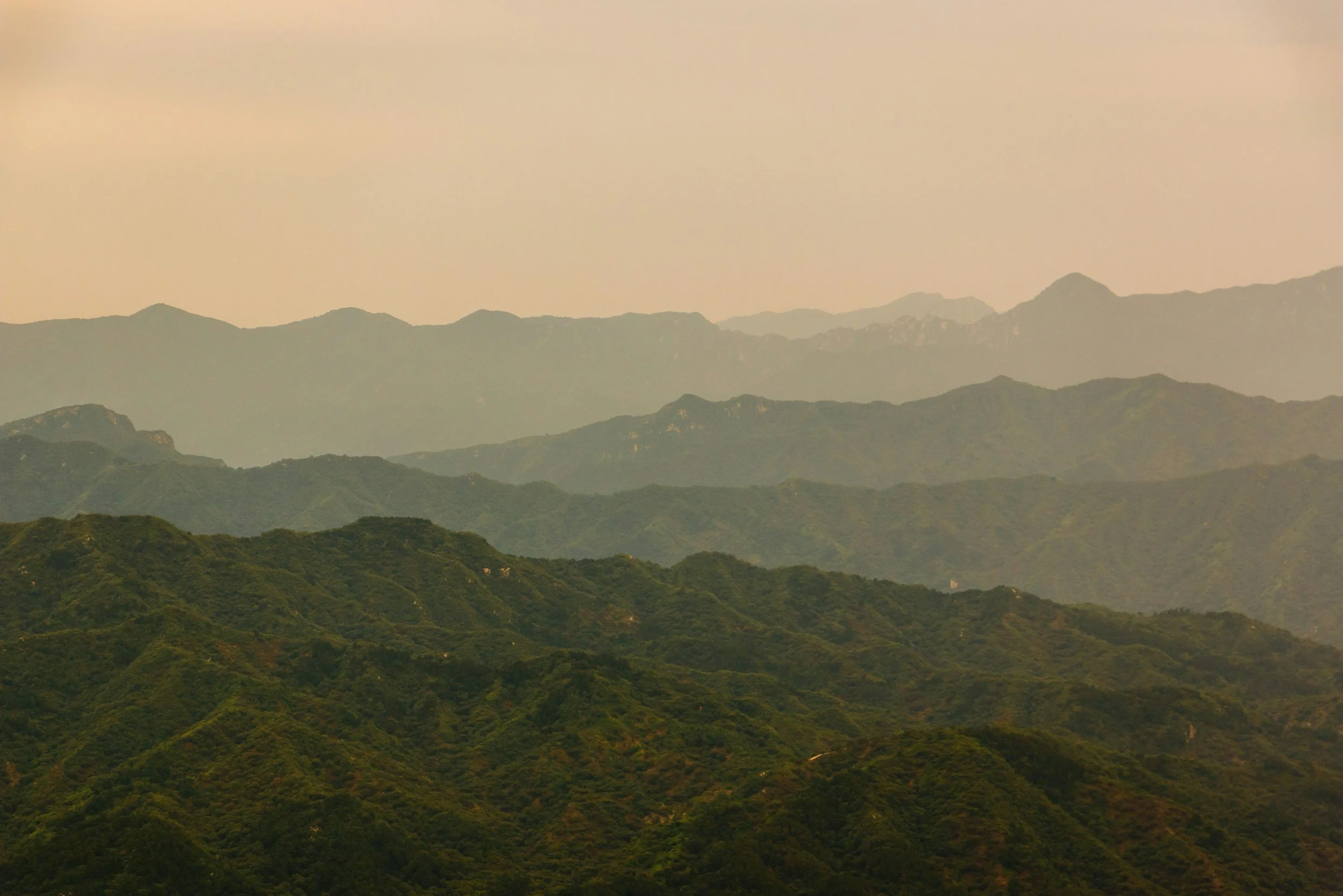 A scenic view of green rolling hills and distant mountains under a soft, cloudy sky.