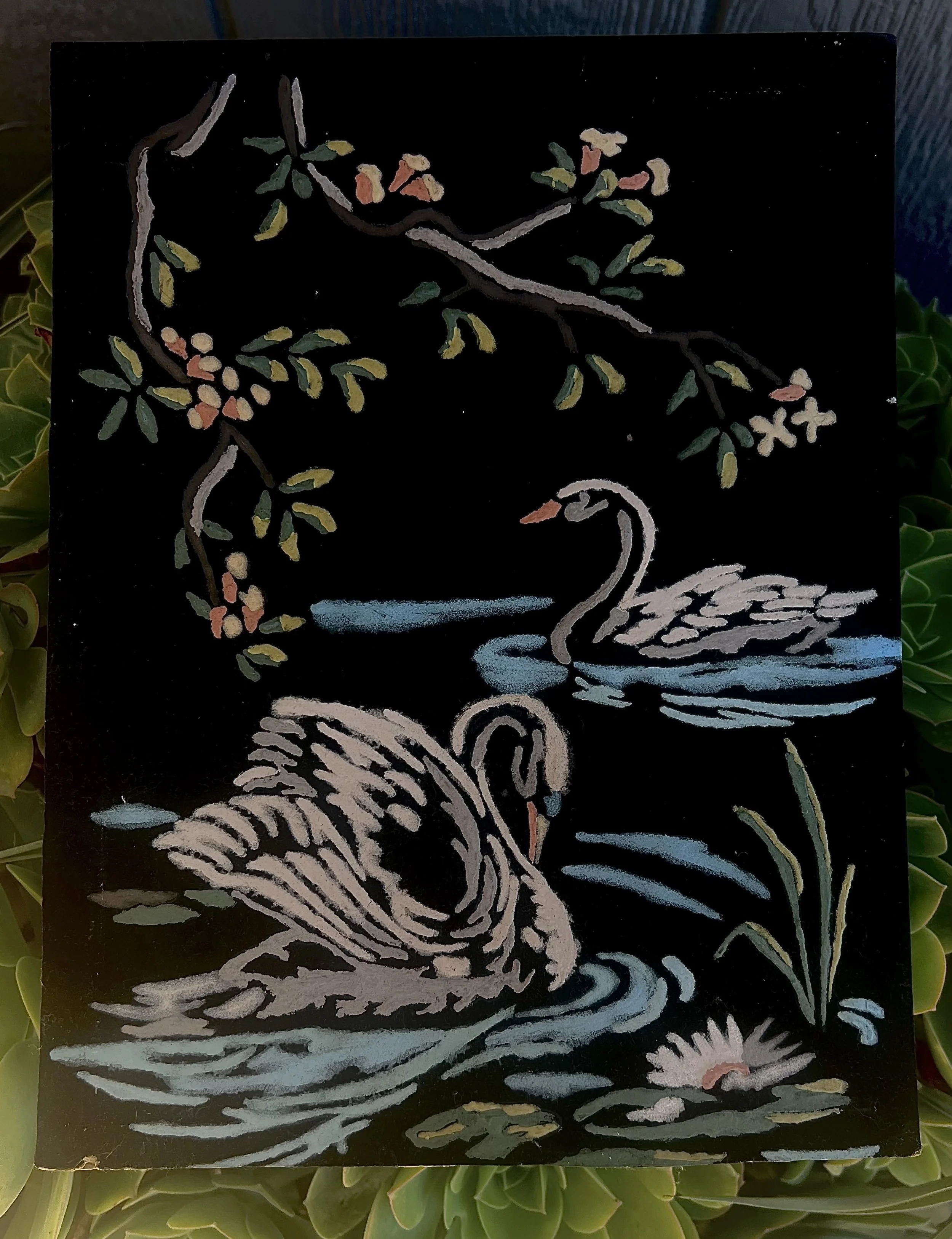 Vintage Black Velvet Swans Painting Set