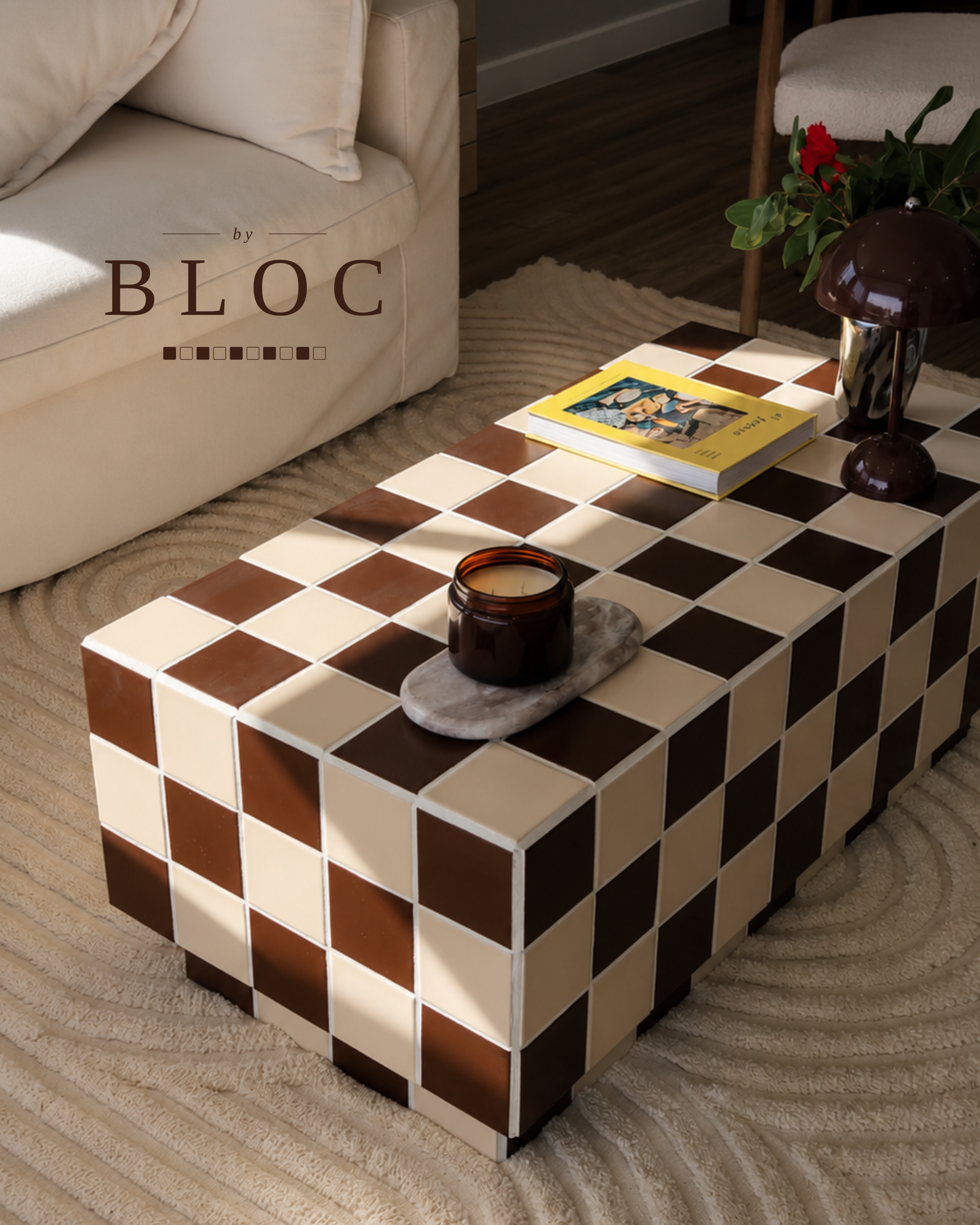 The Bowie coffee table by My Bloc. Handcrafted tiled coffee table in the Chocolate & Sand colourway, featuring a checkerboard tile design. Designed and handmade on the Gold Coast, Australia.
