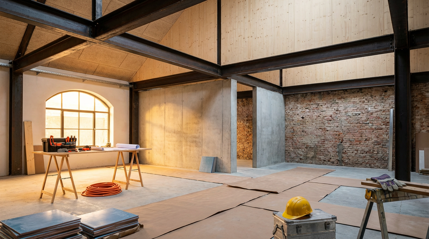 Interior of a building under construction with exposed steel beams, brick walls, and construction tools and materials on the floor.