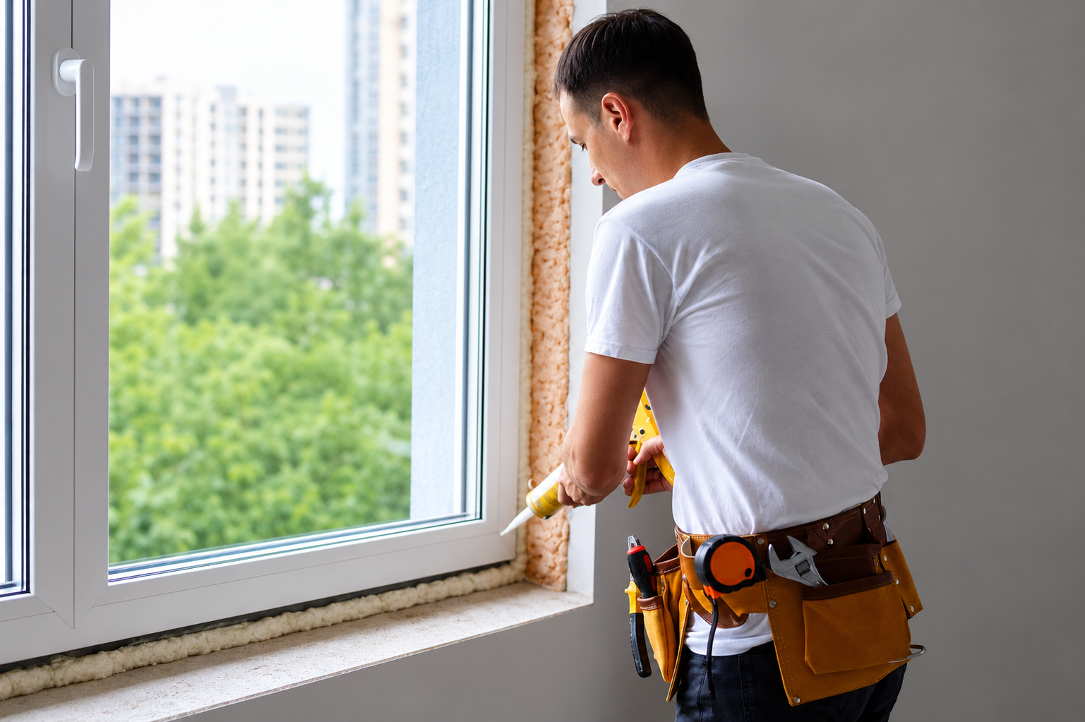 A man in white t-shirt and construction belt applying sealant around a window with a caulking gun in an apartment with green trees outside.