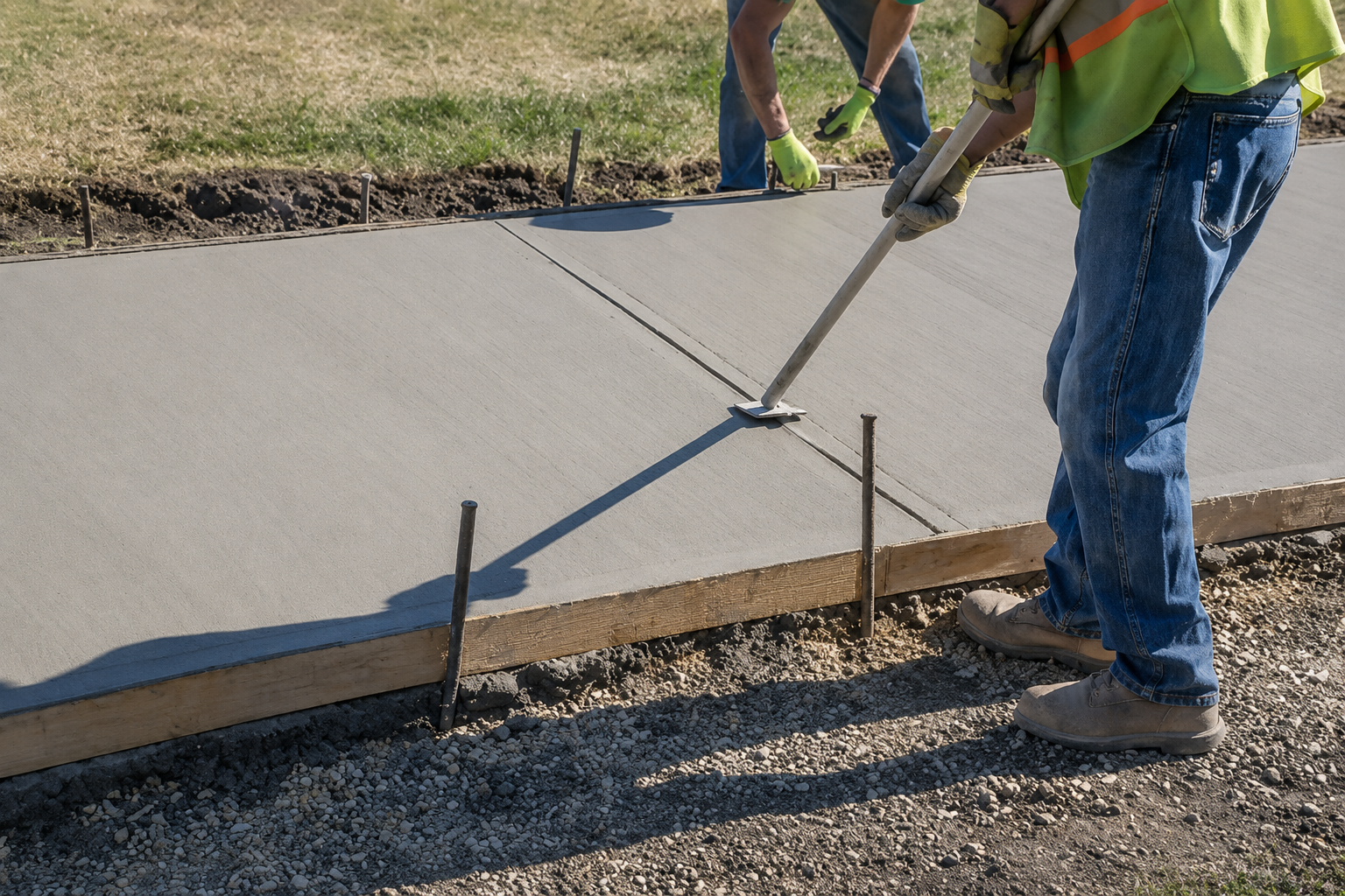 Workers pouring and smoothing concrete for a sidewalk on a construction site.