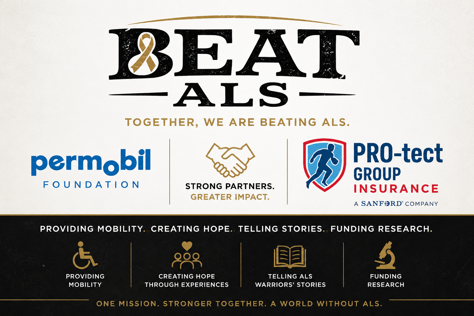 Logo and banner for Beating ALS campaign, featuring Permobil Foundation and PRO-tact Group Insurance, with slogans about hope, research, mobility, and partnership