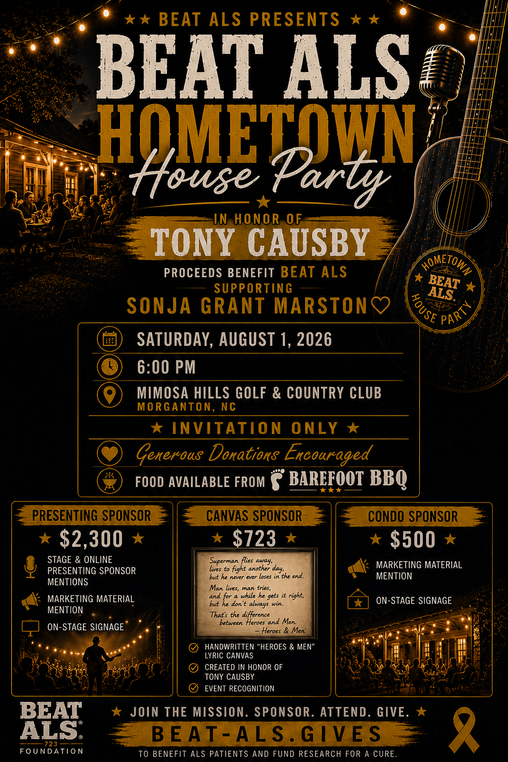 Event poster for a benefit concert titled "Beat ALS Hometown House Party" in honor of Tony Causby, supporting Sonja Grant Marston. The event is scheduled for Saturday, August 1, 2026, at 6:00 PM at Mimosa Hills Golf & Country Club in Morganton, NC, and is invitation-only with donations encouraged. The poster features a guitar and a microphone on the right, outdoor gathering with tables and string lights on the left. Details about sponsorship packages, food by Barefoot BBQ, and donation information are included.