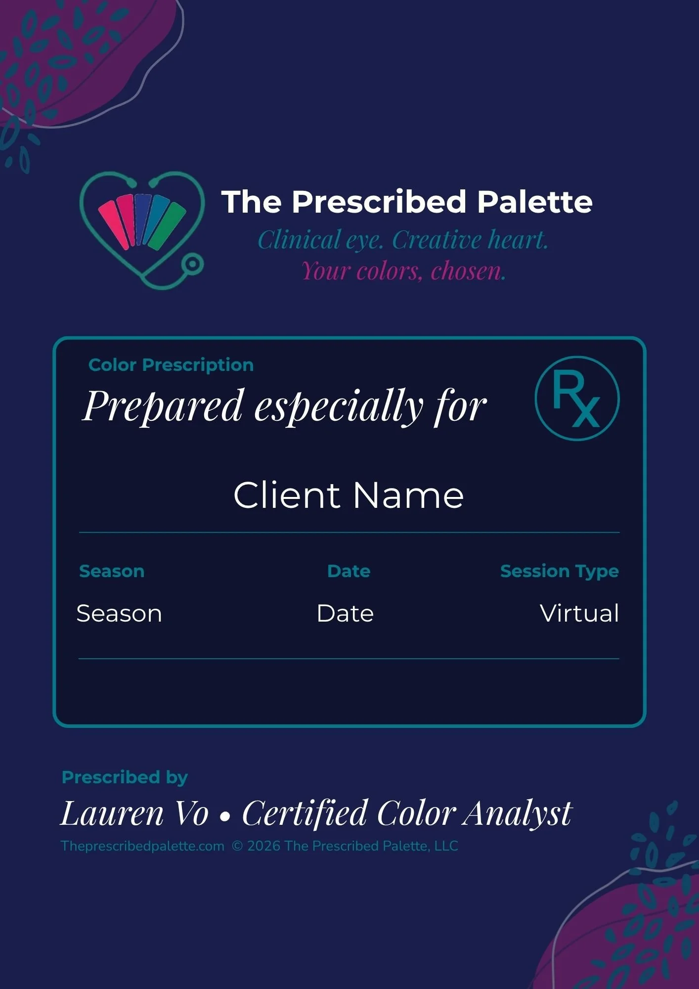 A digital design of a prescription-style form titled "The Prescribed Palette" with a logo of a heart and paint strips, and text indicating a color prescription for a client, including seasons, dates, and session types. The background is dark blue with abstract purple and teal decorative elements.