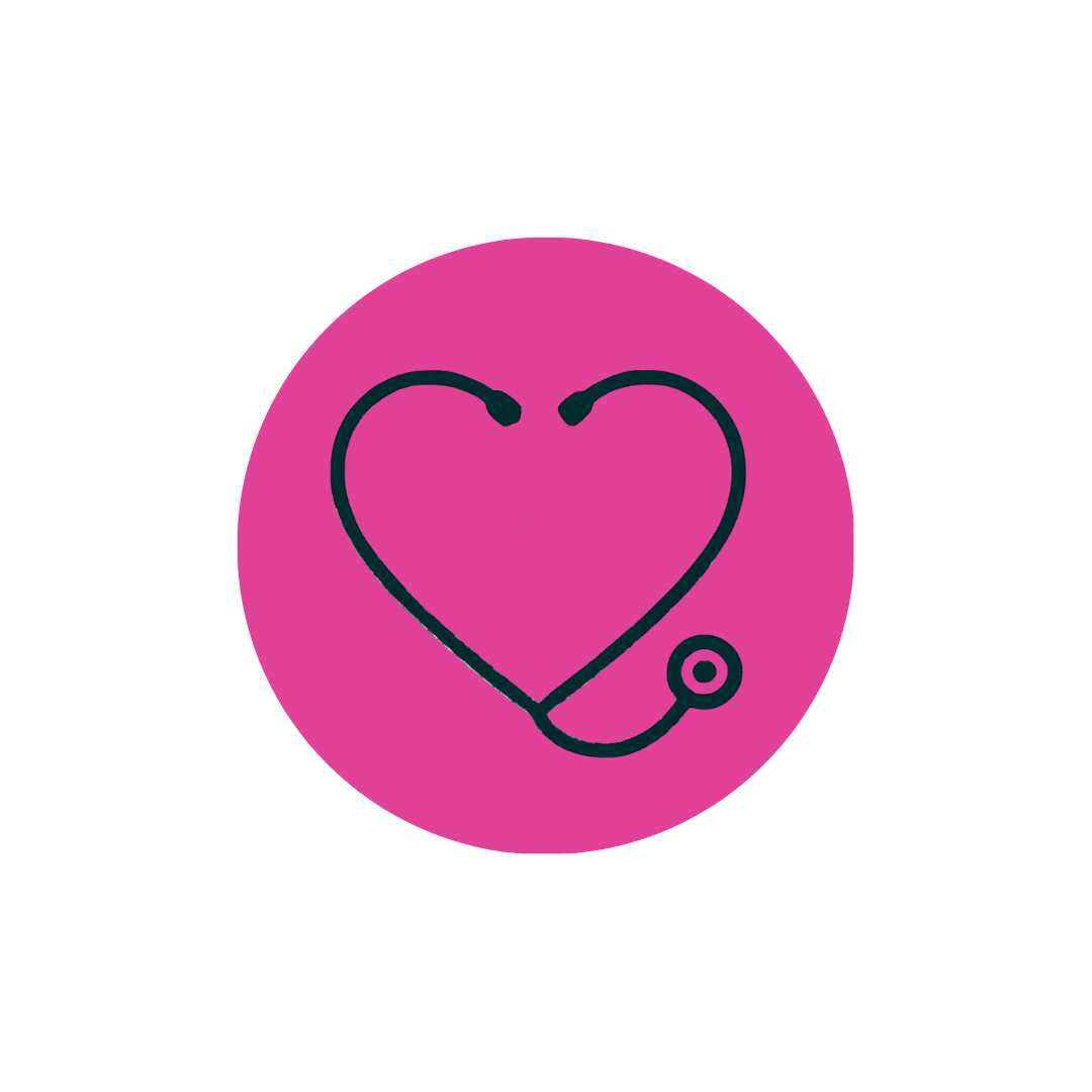 Pink circular background with a black stethoscope forming a heart shape.