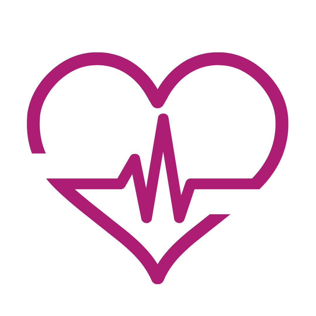 A stylized heart outline with an electrocardiogram line inside, all in purple on a black background.