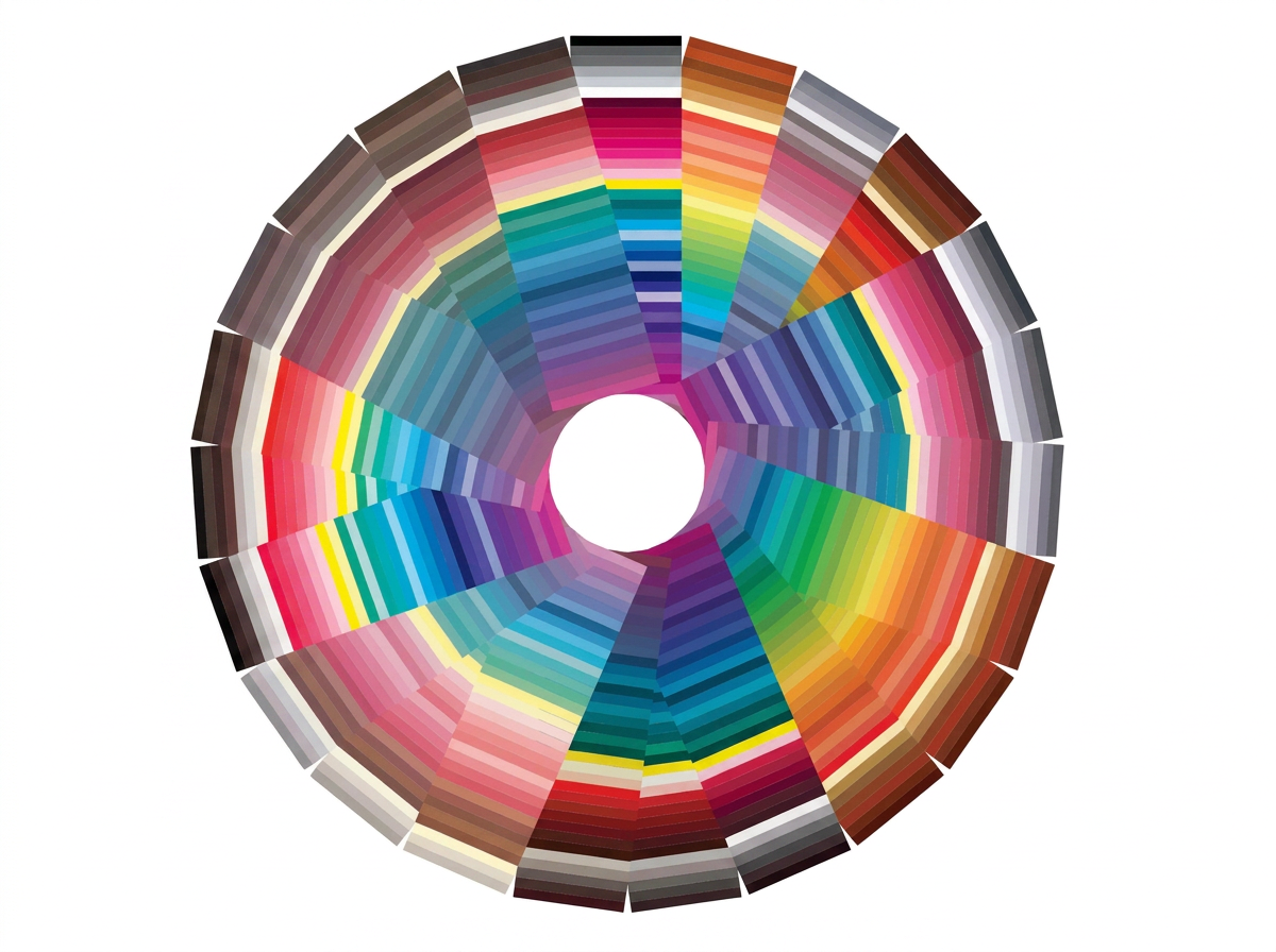 Color wheel with radial segments in various shades of red, pink, purple, blue, green, yellow, orange, brown, gray, and black.