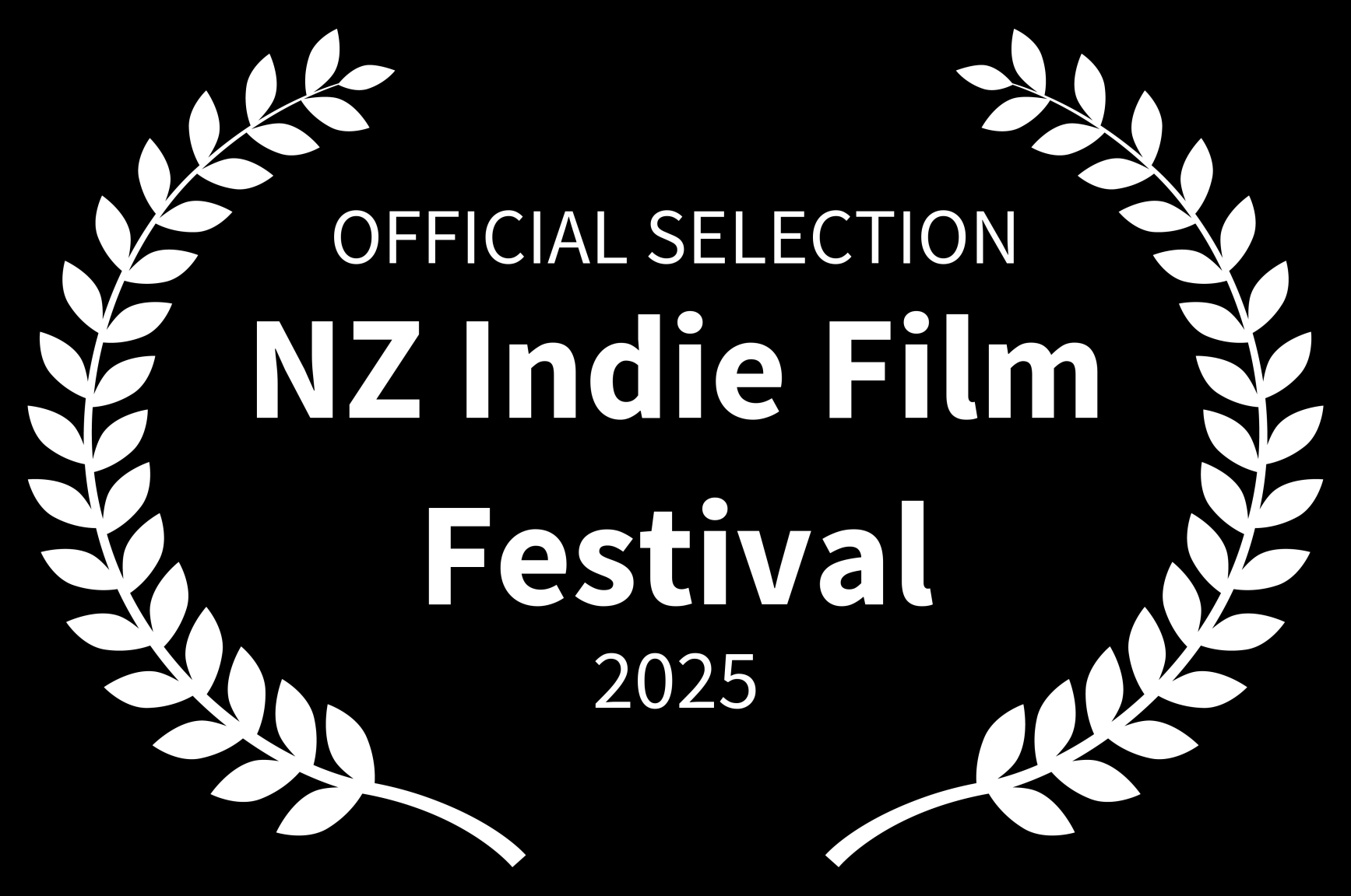 A black and white laurel wreath surrounding text that reads 'Official Selection NZ Indie Film Festival 2025'.