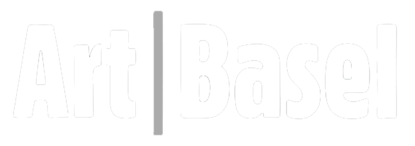 Art Basel logo in white 3D letters on a gray background.
