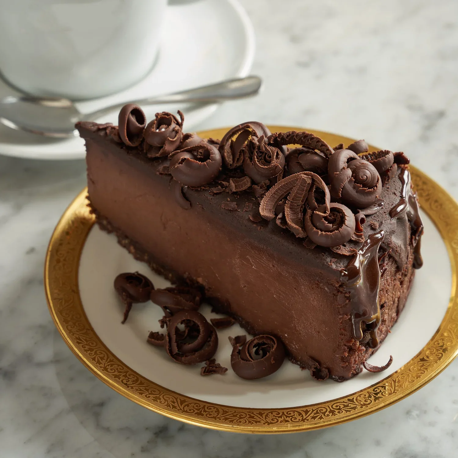 A slice of chocolate cake with chocolate frosting and chocolate curls on top, served on a decorative gold-rimmed plate.