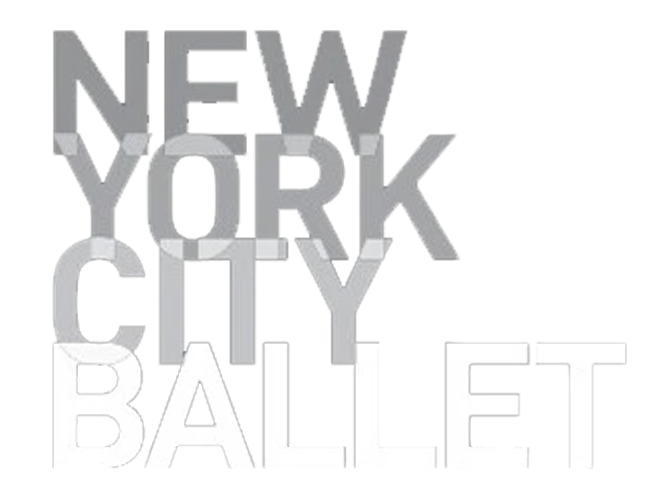 Text graphic with the words 'New York City Ballet' in large, layered, gray and white 3D letters.