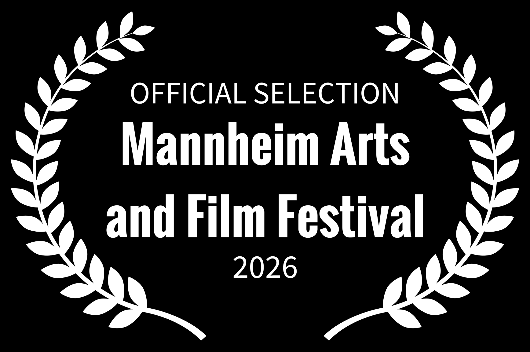 Black and white award badge or label for the Mannheim Arts and Film Festival 2026, featuring laurel branches around the text