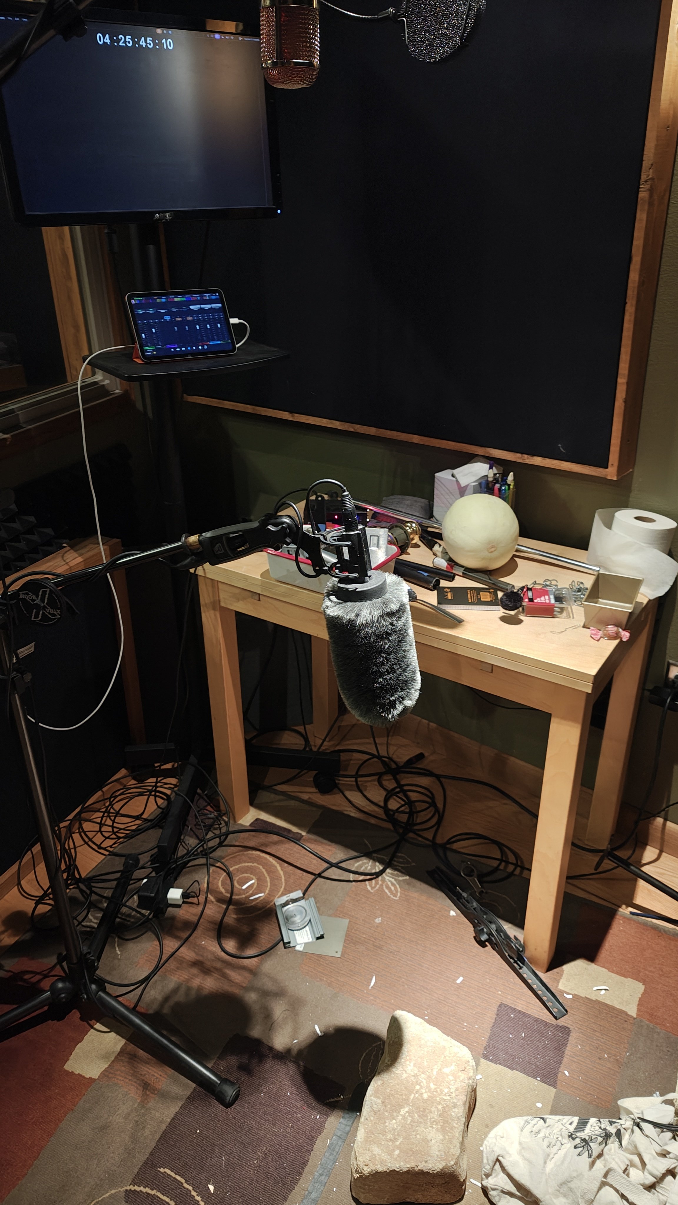 Recording foley props in the VO booth with video feed.