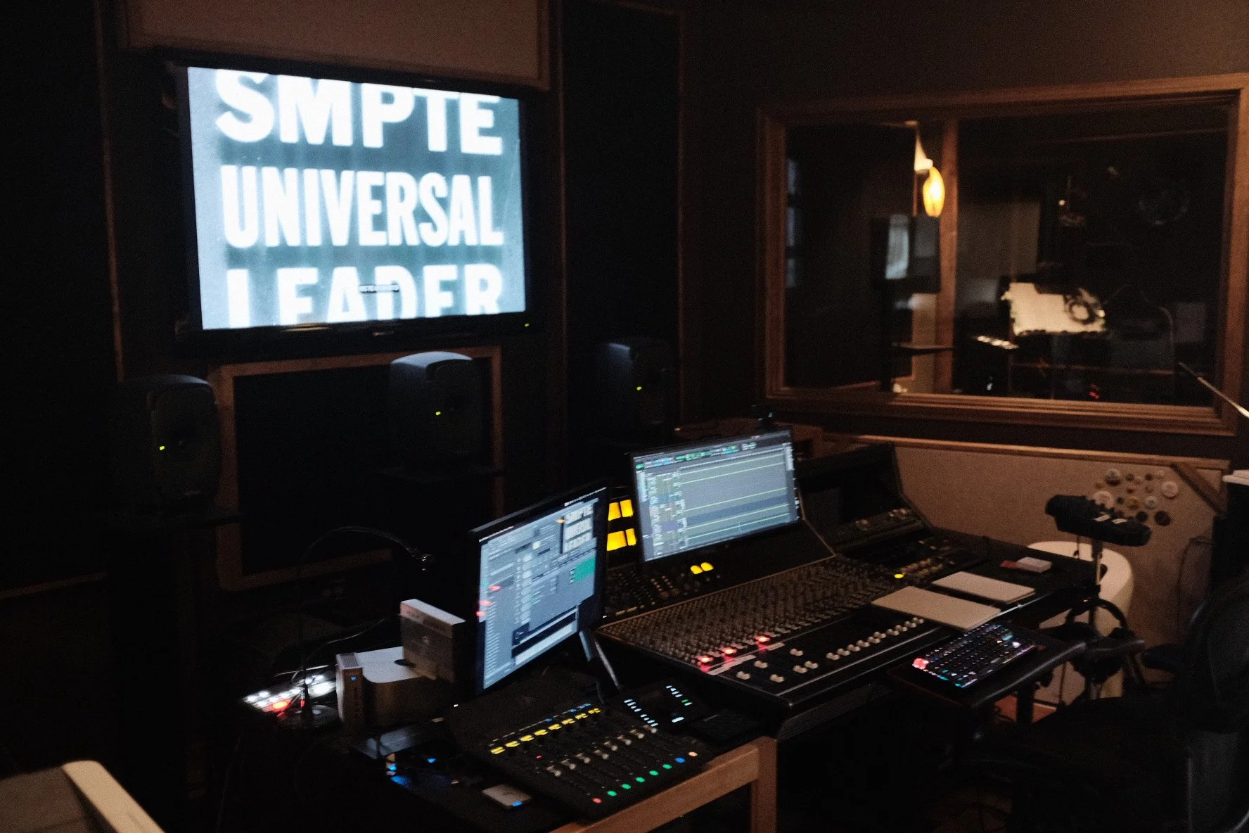 View of the screen and the window to the VO booth.