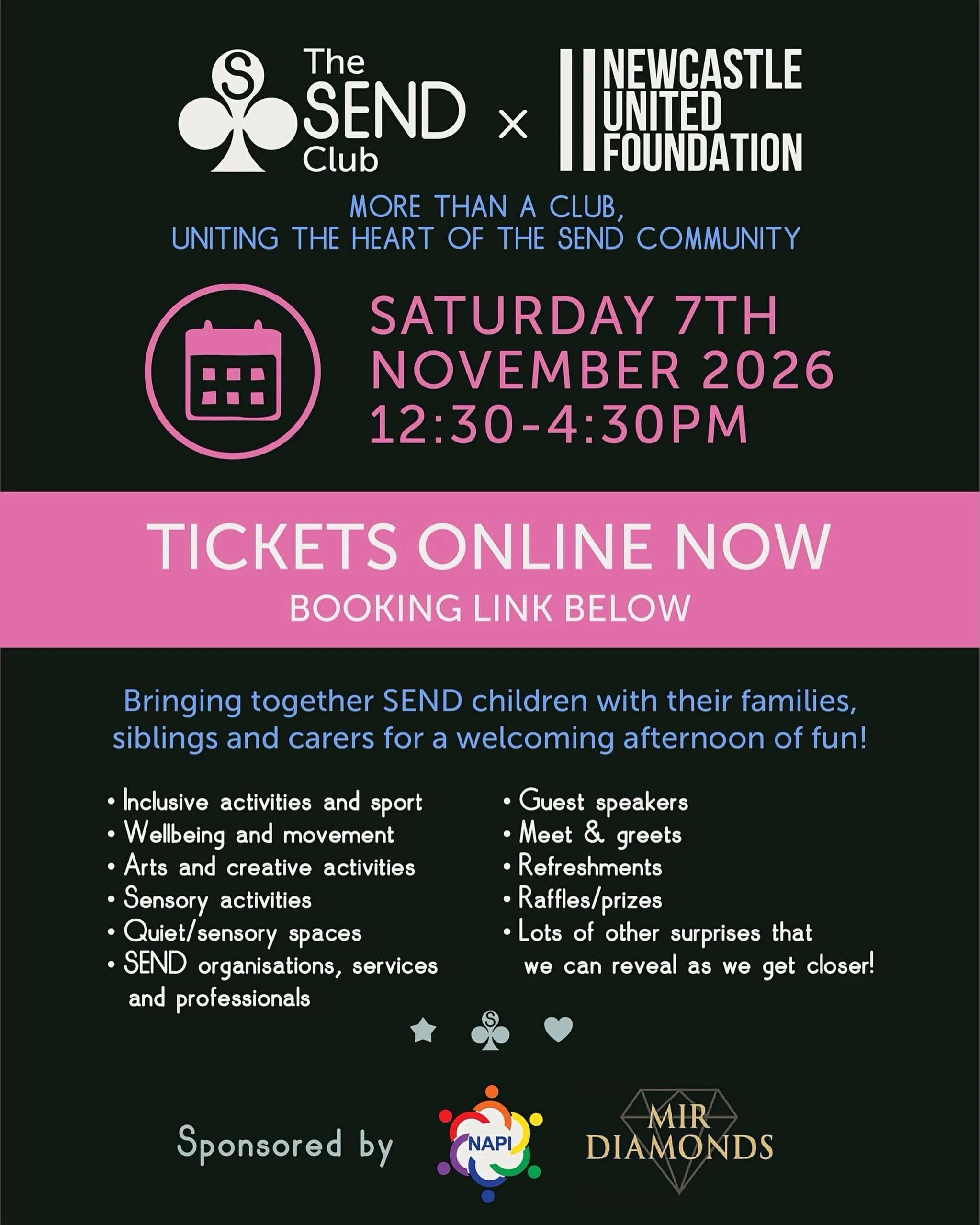 📣 IT&rsquo;S OFFICIAL! 📣 

🖤🤍 SEND UNITED 2026 🖤🤍

FREE TICKETS ARE NOW LIVE! 🎉

A day of inclusion, connection and community for the whole SEND family.

📍 Newcastle United Foundation
📅 Saturday 7th November 2026
⏰ 12:30pm &ndash; 4:30pm

A 