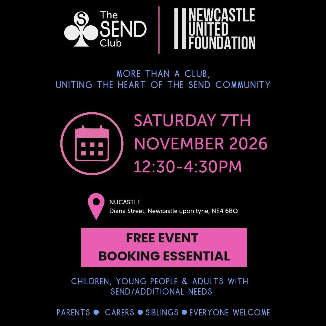 The SEND Club x Newcastle United Foundation

Join us 4 weeks today for a FREE inclusive event bringing our SEND community together!

Welcoming children, young people and adults with SEND/additional needs, alongside their families and carers.

📅 Satu