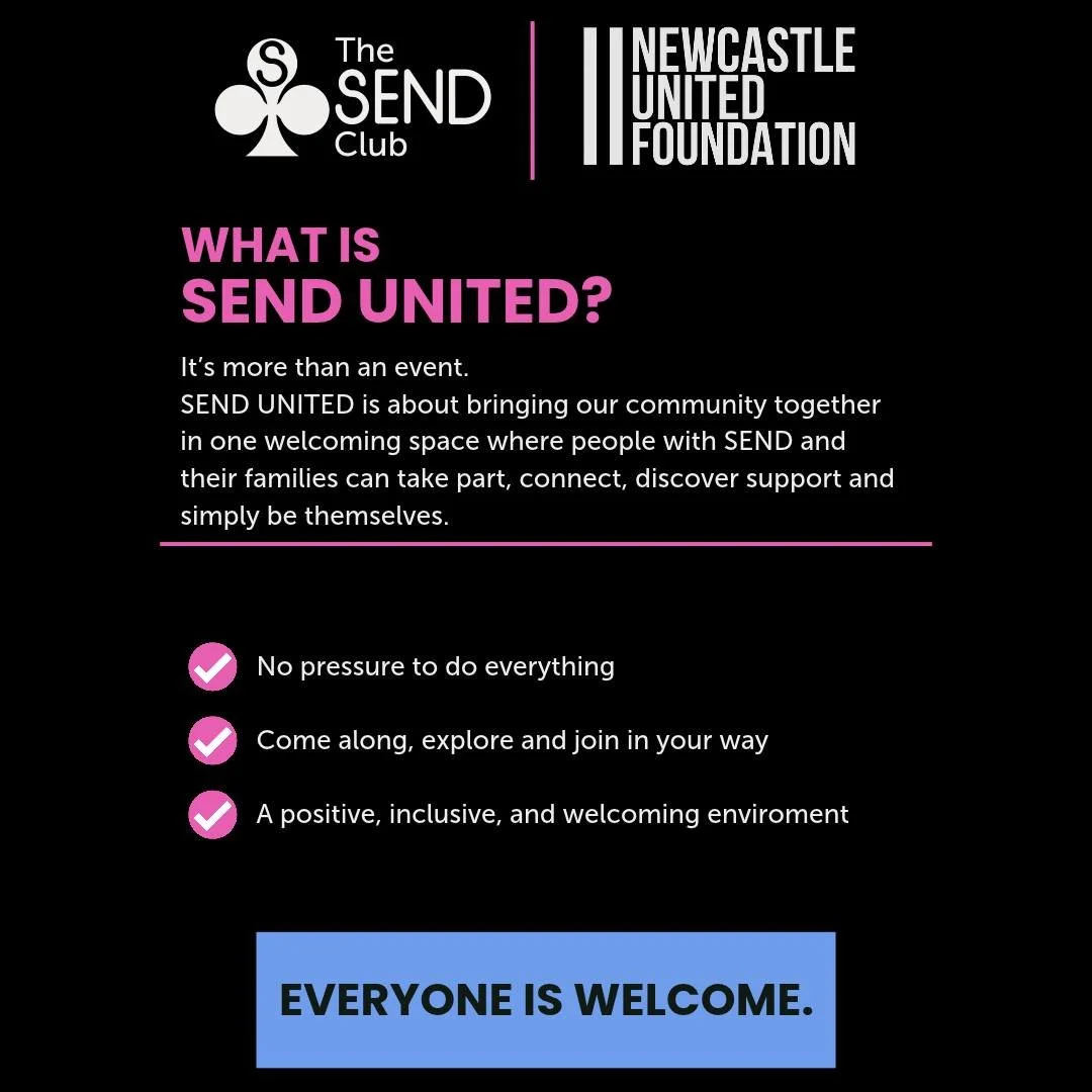 What is SEND UNITED?

SEND UNITED is a free, inclusive event bringing together people with SEND/additional needs, their families and carers.

Our aim is to build connections, reduce isolation, raise awareness of support and create opportunities for e