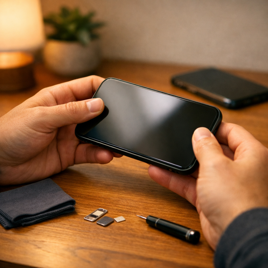 Person holding a smartphone with a SIM card and a SIM card ejector tool on a wooden table, with a plant and a lamp in the background.