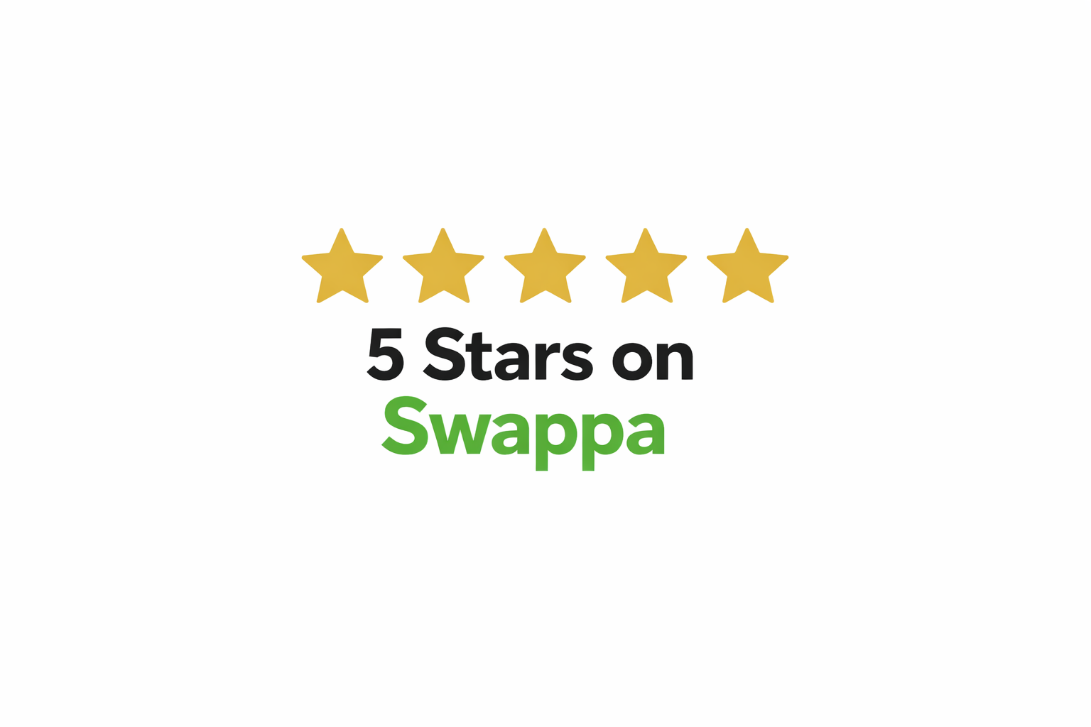 A graphic with five gold stars, black text saying '5 Stars on', and green text saying 'Swappa' beneath.