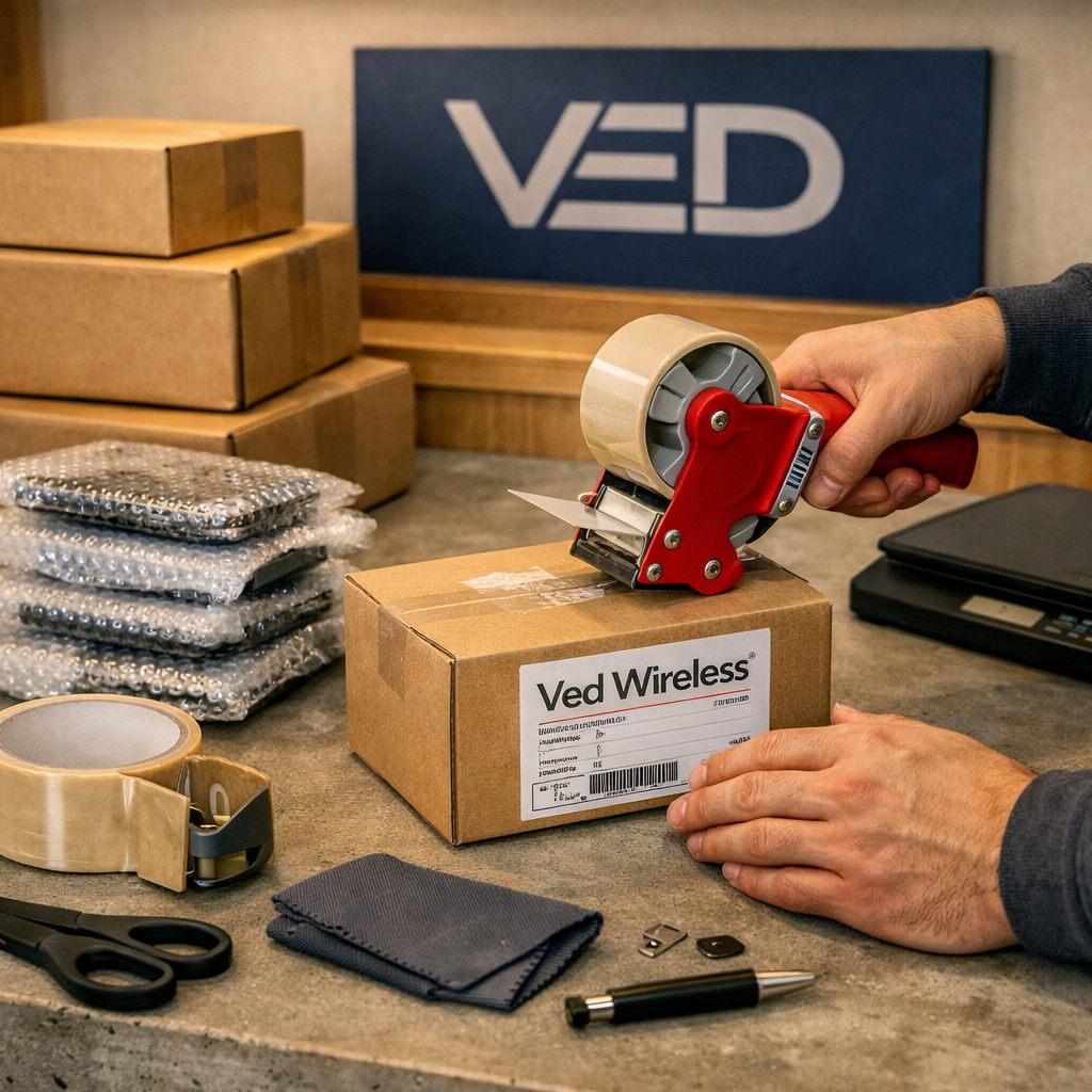 A person sealing a cardboard box with a tape dispenser at a work station with various tools and wrapped items nearby.