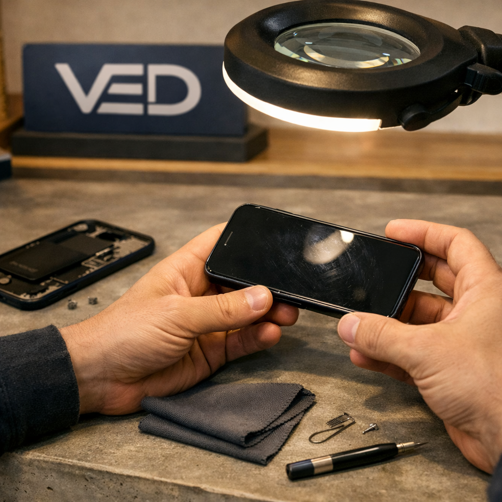 Person repairing a smartphone with a screwdriver and tools on a work surface, with a magnifying lamp illuminating the work area.