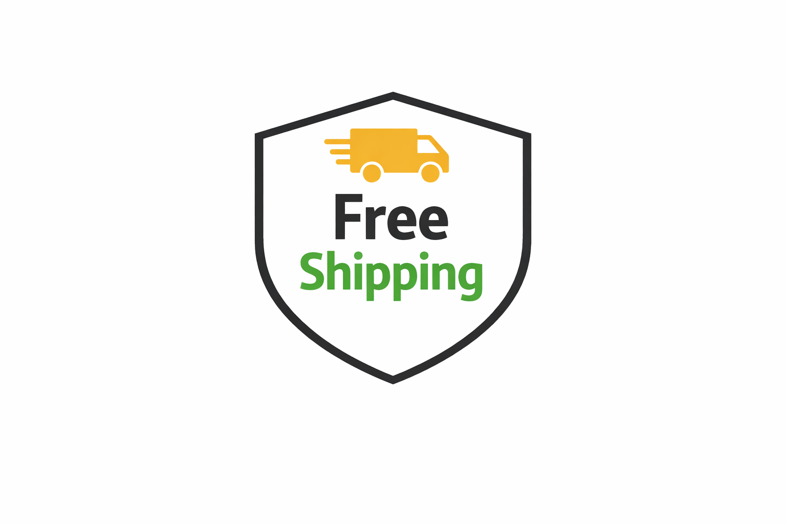 A badge or shield icon with a yellow delivery truck at the top, and the words 'Free Shipping' in black and green text.