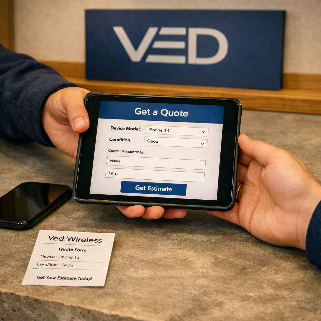 Person holding a tablet with a quote form on the screen, advertising device model, condition, and contact information, with a quote card on the table and a VED sign in the background.
