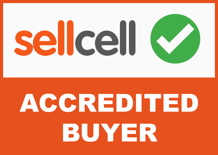 SellCell logo with a green checkmark and the words 'ACCREDITED BUYER' in bold white letters on an orange background.